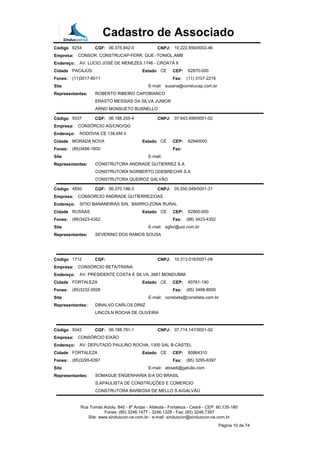 Cadastro de Associado
Código 6254 CGF: 06.375.942-0 CNPJ: 10.222.856/0002-46
Empresa: CONSOR. CONSTRUCAP-FERR. GUE.-TONIOL,AMB
Endereço: AV. LUCIO JOSÉ DE MENEZES,1746 - CROATÁ II
Cidade PACAJÚS Estado CE CEP: 62870-000
Fones: (11)3017-8011 Fax: (11) 3107-2216
Site E-mail: susana@constucap.com.br
Representantes: ROBERTO RIBEIRO CAPOBIANCO
ERASTO MESSIAS DA SILVA JUNIOR
ARNO MONSUETO BUSNELLO
Código 5037 CGF: 06.188.205-4 CNPJ: 07.643.499/0001-02
Empresa: CONSÓRCIO AG/CNO/QG
Endereço: RODOVIA CE 138,KM 0
Cidade MORADA NOVA Estado CE CEP: 62940000
Fones: (85)3486-1600 Fax:
Site E-mail:
Representantes: CONSTRUTORA ANDRADE GUTIERREZ S.A
CONSTRUTORA NORBERTO ODEBRECHR S.A
CONSTRUTORA QUEIROZ GALVÃO
Código 4850 CGF: 06.370.186-3 CNPJ: 05.550.049/0001-31
Empresa: CONSORCIO ANDRADE GUTIERREZ/OAS
Endereço: SITIO BANANEIRAS S/N, BAIRRO-ZONA RURAL
Cidade RUSSAS Estado CE CEP: 62900-000
Fones: (88)3423-4352 Fax: (88) 3423-4352
Site E-mail: agfor@uol.com.br
Representantes: SEVERINO DOS RAMOS SOUSA
Código 1712 CGF: CNPJ: 10.313.016/0001-08
Empresa: CONSÓRCIO BETA/TRANA
Endereço: AV. PRESIDENTE COSTA E SILVA, 2661 MONDUBIM
Cidade FORTALEZA Estado CE CEP: 60761-190
Fones: (85)3232-5926 Fax: (85) 3499-8500
Site E-mail: consbeta@consbeta.com.br
Representantes: DINALVO CARLOS DINIZ
LINCOLN ROCHA DE OLIVEIRA
Código 5042 CGF: 06.188.781-1 CNPJ: 07.714.147/0001-92
Empresa: CONSÓRCIO EIXÃO
Endereço: AV: DEPUTADO PAULINO ROCHA, 1300 SAL B-CASTEL
Cidade FORTALEZA Estado CE CEP: 60864310
Fones: (85)3295-6397 Fax: (85) 3295-6397
Site E-mail: abiselli@galvão.com
Representantes: SOMAGUE ENGENHARIA S/A DO BRASIL
S.APAULISTA DE CONSTRUÇÕES E COMERCIO
CONSTRUTORA BARBOSA DE MELLO S.A/GALVÃO
Rua Tomás Acioly, 840 - 8º Andar - Aldeota - Fortaleza - Ceará - CEP: 60.135-180
Fones: (85) 3246.1477 - 3246.1328 - Fax: (85) 3246.7397
Site: www.sinduscon-ce.com.br - e-mail: sinduscon@sinduscon-ce.com.br
Página 10 de 74
 