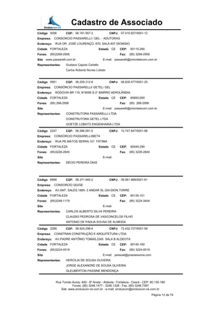 Cadastro de Associado
Código 5006 CGF: 06.181.957-3 CNPJ: 07.410.827/0001-12
Empresa: CONSORCIO PASSARELLI / GEL - ADUTORAS
Endereço: RUA DR. JOSÉ LOURENÇO, 870, SALA 607 DIONISIO
Cidade FORTALEZA Estado CE CEP: 60115-280
Fones: (85)3268-2956 Fax: (85) 3268-2956
Site www.passarelli.com.br E-mail: passarelli@oriontelecom.com.br
Representantes: Gustavo Capoto Cariello
Carlos Roberto Nunes Lobato
Código 0951 CGF: 06.209.312-6 CNPJ: 08.835.577/0001-25
Empresa: CONSÓRCIO PASSARELLI/ GETEL/ GEL
Endereço: RODOVIA BR 116, N°6099 S-3° BAIRRO AEROLÂNDIA
Cidade FORTALEZA Estado CE CEP: 60850-000
Fones: (85) 268-2956 Fax: (85) 268-2956
Site E-mail: passarelli@oriontelecom.com.br
Representantes: CONSTRUTORA PASSARELLI LTDA
CONSTRUTORA GETEL LTDA
GOETZE LOBATO ENGENHARIA LTDA
Código 2247 CGF: 06.386.091-0 CNPJ: 10.747.847/0001-98
Empresa: CONSÓRCIO PASSARELLI/BETA
Endereço: RUA PE.MATOS SERRA,101 FÁTIMA
Cidade FORTALEZA Estado CE CEP: 60040-290
Fones: (85)3226-2840 Fax: (85) 3226-2840
Site E-mail:
Representantes: DÉCIO PEREIRA DIAS
Código 6969 CGF: 06.371.945-2 CNPJ: 09.561.968/0001-61
Empresa: CONSORCIO QG/GE
Endereço: AV.ANT. SALES,1885- 2 ANDAR SL 204-DION.TORRE
Cidade FORTALEZA Estado CE CEP: 60135-101
Fones: (85)3248-1179 Fax: (85) 3224-3404
Site E-mail:
Representantes: CARLOS ALBERTO SILVA PEREIRA
CLAUDIO PEDROSA DE VASCONCELOS FILHO
ANTONIO DE PADUA SOUSA DE ALMEIDA
Código 2289 CGF: 06.924.298-4 CNPJ: 72.432.727/0001-59
Empresa: CONSTRAN CONSTRUÇÃO E ARQUITETURA LTDA.
Endereço: AV.PADRE ANTÔNIO TOMAS,2345 SALA B ALDEOTA
Cidade FORTALEZA Estado CE CEP: 60140-160
Fones: (85)3224-0519 Fax: (85) 3224-0519
Site E-mail: pessoal@prassessoria.com
Representantes: HERCÍLIA DE SOUSA OLIVEIRA
JORGE ALEXANDRE DE SOUSA OLIVEIRA
GLEUBERTON PASSINE MENDONÇA
Rua Tomás Acioly, 840 - 8º Andar - Aldeota - Fortaleza - Ceará - CEP: 60.135-180
Fones: (85) 3246.1477 - 3246.1328 - Fax: (85) 3246.7397
Site: www.sinduscon-ce.com.br - e-mail: sinduscon@sinduscon-ce.com.br
Página 12 de 74
 