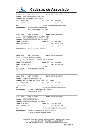 Cadastro de Associado
Código 1450 CGF: 06.364.356-1 CNPJ: 09.477.485/0001-83
Empresa: CONSTRUTORA BOA TERRA LTDA
Endereço: AV. DOM MANUEL, 1020 CENTRO
Cidade FORTALEZA Estado CE CEP: 60060-090
Fones: (85)3211-4235 Fax: (85) 3211-7869
Site E-mail: anamaria@paxcorretora.com.br
Representantes: IELTON BARRETO DE OLIVEIRA
ROSILÂNDIA MARIA ALVES DIAS
Código 3558 CGF: 06.980.736-1 CNPJ: 01.590.549/0001-46
Empresa: CONSTRUTORA BORGES CARNEIRO LTDA
Endereço: RUA JORGE ACURCIO, 365 - VILA UNIAO
Cidade FORTALEZA Estado CE CEP: 60410-800
Fones: (85)3242-6303 Fax: (85) 3242-6303
Site E-mail: constr.bcarneiro@uol.com.br
Representantes: GALBA CARVALHO CARNEIRO
Código 0032 CGF: 06.021.098-2 CNPJ: 05.315.882/0001-06
Empresa: CONSTRUTORA CALDAS LTDA
Endereço: AV. GOV. PARSIFAL BARROSO, 600 - P. KENNEDY
Cidade FORTALEZA-CE Estado CE CEP: 60355-630
Fones: (85)3478-2288 Fax: (85) 3478-2288
Site E-mail:
Representantes: GERALDO MAGELA ALVES
Código 0034 CGF: 06.833.868-6 CNPJ: 05.720.081/0001-18
Empresa: CONSTRUTORA CARIBE LTDA
Endereço: AV. ENG. SANTANA JUNIOR, 2900-LOJA-A - PAPICU
Cidade FORTALEZA Estado CE CEP: 60175-650
Fones: (085)258-7646 Fax: (85) 3258-5195
Site E-mail: construtoracaribe@hotmail.com
Representantes: ESTANIO ESTANISLAU VIDAL DE PAULA
LENIR MAIA DE PAULA
Código 2300 CGF: 06.827.416-5 CNPJ: 09.425.042/0001-49
Empresa: CONSTRUTORA CHC LTDA
Endereço: Rua Tibúrcio Cavalcante, 375, Aldeota
Cidade FORTALEZA Estado CE CEP: 60125-100
Fones: (85)3244-1133 Fax: (85) 3244-6024
Site E-mail: servulo@construtorachc.com.br
Representantes: CLÁUDIO HENRIQUE DE C. SARAIVA CÂMARA
CLÁUDIO HENRIQUE SABOIA CÂMARA
Rua Tomás Acioly, 840 - 8º Andar - Aldeota - Fortaleza - Ceará - CEP: 60.135-180
Fones: (85) 3246.1477 - 3246.1328 - Fax: (85) 3246.7397
Site: www.sinduscon-ce.com.br - e-mail: sinduscon@sinduscon-ce.com.br
Página 15 de 74
 