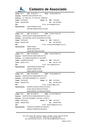 Cadastro de Associado
Código 9072 CGF: 06.265.307-5 CNPJ: 02.466.643/0001-50
Empresa: CONSTRUTORA CONSFOR LTDA
Endereço: AV. DOM LUIS, 176 - SALA 207 - MEIRELES
Cidade FORTALEZA Estado CE CEP: 60160-230
Fones: (85)3224-8925 Fax: (85) 3224-8925
Site E-mail: adri.alves@hotmail.com
Representantes: JOSÉ LEONIDAS ALVES
ANTONIA ADRIANA ARAÚJO ALVES
Código 2400 CGF: 06.192.542-0 CNPJ: 07.858.141/0001-99
Empresa: CONSTRUTORA E IMOBILIARIA BRITACET LTDA
Endereço: RUA CORONEL SOLON, 290 BAIRRO DE FÁTIMA
Cidade FORTALEZA Estado CE CEP: 60040-270
Fones: (85)3252-5166 Fax: (85) 3252-6291
Site E-mail: construtorabritacet@yahoo.com.br
Representantes: ABNER VERAS
ABDIAS VERAS NETO
JACKELINE ALENCAR VERAS
Código 2242 CGF: 06.848.346-5 CNPJ: 06.891.857/0001-25
Empresa: CONSTRUTORA E IMOBILIÁRIA JM LTDA.
Endereço: AV.LEANDRO BEZERRA,135 SOCORRO
Cidade JUAZEIRO DO NORTE Estado CE CEP: 63010-130
Fones: (88)3511-1615 Fax: (88) 3511-1615
Site E-mail: const.j.m@hotmail.com
Representantes: JORGE MAURO SOARES LINS
MANOEL PEREIRA LIMA
MARIA JOSÉ DE OLIVEIRA
Código 0300 CGF: 06.833.902-0 CNPJ: 06.084.388/0001-32
Empresa: CONSTRUTORA E IMOBILIARIA LCR LTDA
Endereço: RUA ISRAEL BEZERRA, 677 - ALDEOTA
Cidade FORTALEZA Estado CE CEP: 60135-460
Fones: (85)3535-3700 Fax: (85) 3535-3766
Site E-mail: construtora@px.com.br
Representantes: MAURICIO LIMA DE CARVALHO ROCHA
DAVID LIMA DE CARVALHO ROCHA
MARCIA BRASIL DE CARVALHO ROCHA
Código 0043 CGF: 06.104.660-4 CNPJ: 07.243.074/0001-06
Empresa: CONSTRUTORA E IMOBILIARIA SANTA CECILIA
Endereço: RUA 8 DE SETEMBRO, 1394 S/202 - VARJOTA
Cidade FORTALEZA Estado CE CEP: 60175-210
Fones: (085)267-4808 Fax: (085)267-2829
Site E-mail: silviopinnta@zipmail.com.br
Representantes: FRANCISCO FERREIRA DE AZEVEDO
MANUEL FERREIRA DE AZEVEDO
Rua Tomás Acioly, 840 - 8º Andar - Aldeota - Fortaleza - Ceará - CEP: 60.135-180
Fones: (85) 3246.1477 - 3246.1328 - Fax: (85) 3246.7397
Site: www.sinduscon-ce.com.br - e-mail: sinduscon@sinduscon-ce.com.br
Página 17 de 74
 