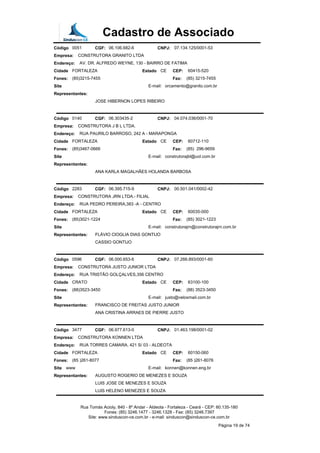 Cadastro de Associado
Código 0051 CGF: 06.106.682-6 CNPJ: 07.134.125/0001-53
Empresa: CONSTRUTORA GRANITO LTDA
Endereço: AV. DR. ALFREDO WEYNE, 130 - BAIRRO DE FATIMA
Cidade FORTALEZA Estado CE CEP: 60415-520
Fones: (85)3215-7455 Fax: (85) 3215-7455
Site E-mail: orcamento@granito.com.br
Representantes:
JOSE HIBERNON LOPES RIBEIRO
Código 0140 CGF: 06.303435-2 CNPJ: 04.074.036/0001-70
Empresa: CONSTRUTORA J B L LTDA.
Endereço: RUA PAURILO BARROSO, 242 A - MARAPONGA
Cidade FORTALEZA Estado CE CEP: 60712-110
Fones: (85)3467-0666 Fax: (85) 296-9659
Site E-mail: construtorajbl@uol.com.br
Representantes:
ANA KARLA MAGALHÃES HOLANDA BARBOSA
Código 2283 CGF: 06.395.715-9 CNPJ: 00.501.041/0002-42
Empresa: CONSTRUTORA JRN LTDA.- FILIAL
Endereço: RUA PEDRO PEREIRA,383 -A - CENTRO
Cidade FORTALEZA Estado CE CEP: 60035-000
Fones: (85)3021-1224 Fax: (85) 3021-1223
Site E-mail: construtorajrn@construtorajrn.com.br
Representantes: FLÁVIO CIOGLIA DIAS GONTIJO
CASSIO GONTIJO
Código 0596 CGF: 06.000.653-6 CNPJ: 07.266.893/0001-60
Empresa: CONSTRUTORA JUSTO JUNIOR LTDA
Endereço: RUA TRISTÃO GOLÇALVES,356 CENTRO
Cidade CRATO Estado CE CEP: 63100-100
Fones: (88)3523-3450 Fax: (88) 3523-3450
Site E-mail: justo@veloxmail.com.br
Representantes: FRANCISCO DE FREITAS JUSTO JUNIOR
ANA CRISTINA ARRAES DE PIERRE JUSTO
Código 3477 CGF: 06.977.613-0 CNPJ: 01.463.198/0001-02
Empresa: CONSTRUTORA KONNEN LTDA
Endereço: RUA TORRES CAMARA, 421 S/ 03 - ALDEOTA
Cidade FORTALEZA Estado CE CEP: 60150-060
Fones: (85 )261-8077 Fax: (85 )261-8076
Site www E-mail: konnen@konnen.eng.br
Representantes: AUGUSTO ROGERIO DE MENEZES E SOUZA
LUIS JOSE DE MENEZES E SOUZA
LUIS HELENO MENEZES E SOUZA
Rua Tomás Acioly, 840 - 8º Andar - Aldeota - Fortaleza - Ceará - CEP: 60.135-180
Fones: (85) 3246.1477 - 3246.1328 - Fax: (85) 3246.7397
Site: www.sinduscon-ce.com.br - e-mail: sinduscon@sinduscon-ce.com.br
Página 19 de 74
 