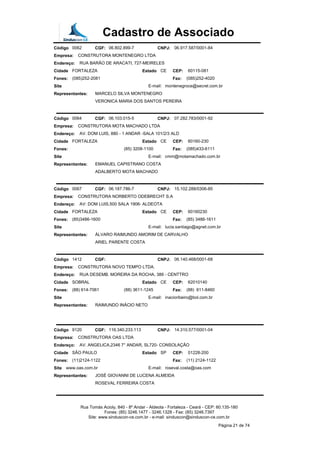 Cadastro de Associado
Código 0062 CGF: 06.802.899-7 CNPJ: 06.917.587/0001-84
Empresa: CONSTRUTORA MONTENEGRO LTDA
Endereço: RUA BARÃO DE ARACATI, 727-MEIRELES
Cidade FORTALEZA Estado CE CEP: 60115-081
Fones: (085)252-2081 Fax: (085)252-4020
Site E-mail: montenegroce@secrel.com.br
Representantes: MARCELO SILVA MONTENEGRO
VERONICA MARIA DOS SANTOS PEREIRA
Código 0064 CGF: 06.103.015-5 CNPJ: 07.282.783/0001-92
Empresa: CONSTRUTORA MOTA MACHADO LTDA
Endereço: AV. DOM LUIS, 880 - 1 ANDAR -SALA 101/2/3 ALD
Cidade FORTALEZA Estado CE CEP: 60160-230
Fones: (85) 3208-1100 Fax: (085)433-6111
Site E-mail: cmm@motamachado.com.br
Representantes: EMANUEL CAPISTRANO COSTA
ADALBERTO MOTA MACHADO
Código 0067 CGF: 06.187.786-7 CNPJ: 15.102.288/0306-85
Empresa: CONSTRUTORA NORBERTO ODEBRECHT S.A
Endereço: AV: DOM LUIS,500 SALA 1906- ALDEOTA
Cidade FORTALEZA Estado CE CEP: 60160230
Fones: (85)3486-1600 Fax: (85) 3486-1611
Site E-mail: lucia.santiago@agnet.com.br
Representantes: ÁLVARO RAIMUNDO AMORIM DE CARVALHO
ARIEL PARENTE COSTA
Código 1412 CGF: CNPJ: 06.140.468/0001-68
Empresa: CONSTRUTORA NOVO TEMPO LTDA.
Endereço: RUA DESEMB. MOREIRA DA ROCHA, 389 - CENTTRO
Cidade SOBRAL Estado CE CEP: 62010140
Fones: (88) 614-7061 (88) 3611-1245 Fax: (88) 611-8460
Site E-mail: inacioribeiro@bol.com.br
Representantes: RAIMUNDO INÁCIO NETO
Código 9120 CGF: 116.340.233.113 CNPJ: 14.310.577/0001-04
Empresa: CONSTRUTORA OAS LTDA
Endereço: AV. ANGELICA,2346 7° ANDAR, SL720- CONSOLAÇÃO
Cidade SÃO PAULO Estado SP CEP: 01228-200
Fones: (11)2124-1122 Fax: (11) 2124-1122
Site www.oas.com.br E-mail: roseval.costa@oas.com
Representantes: JOSÉ GIOVANNI DE LUCENA ALMEIDA
ROSEVAL FERREIRA COSTA
Rua Tomás Acioly, 840 - 8º Andar - Aldeota - Fortaleza - Ceará - CEP: 60.135-180
Fones: (85) 3246.1477 - 3246.1328 - Fax: (85) 3246.7397
Site: www.sinduscon-ce.com.br - e-mail: sinduscon@sinduscon-ce.com.br
Página 21 de 74
 