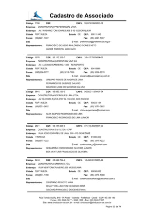 Cadastro de Associado
Código 1108 CGF: CNPJ: 05.874.036/0001-18
Empresa: CONSTRUTORA PREFERENCIAL LTDA
Endereço: AV. WASHINGTON SOARES,909 S-12- EDSON QUEIR
Cidade FORTALEZA Estado CE CEP: 60811-340
Fones: (85)3241-7307 Fax: (85) 3241-7307
Site E-mail: preferencial@preferencial.eng.br
Representantes: FRANCISCO DE ASSIS PHILOMENO GOMES NETO
ANDRÉ PIMENTEL MACHADO
Código 0076 CGF: 06.110.335-7 CNPJ: 33.412.792/0004-03
Empresa: CONSTRUTORA QUEIROZ GALVAO S/A
Endereço: AV. LUCIANO CARNEIRO, 1350 - AEROPORTO
Cidade FORTALEZA Estado CE CEP: 60410690
Fones: (085)256-5777 (85) 3215-7100 Fax: (85) 3256-5778
Site E-mail: wsoares@queirozgalvao.com.br
Representantes: URBANO RAMOS DE ANDRADE LIMA
FERNANDO DE QUEIROZ GALVÃO
MAURICIO JOSE DE QUEIROZ GALVÃO
Código 9845 CGF: 06.683.135-0 CNPJ: 05.802.113/0001-24
Empresa: CONSTRUTORA RODRIGUES LIMA LTDA
Endereço: AV.OLIVEIRA PAIVA,2797 SL 102-CID. DOS FUNCIO
Cidade FORTALEZA Estado CE CEP: 60822-131
Fones: (85)3271-0652 Fax: (85) 3271-0652
Site E-mail: crlima.engenharia@hotmail.com
Representantes: ALEX SCIPIÃO RODRIGUES DE LIMA
FRANCISCO RODRIGUES DE LIMA JUNIOR
Código 2501 CGF: 06.184.928-6 CNPJ: 07.419.365/0001-02
Empresa: CONSTRUTORA S & V LTDA - EPP
Endereço: RUA JOSE DOROTEU DE LIMA, 309 - PQ GENEZARÉ
Cidade ITAITINGA Estado CE CEP: 61880-000
Fones: (85)3377-1222 Fax: (85) 3377-1222
Site E-mail: construtoras_v@hotmail.com
Representantes: SEBASTIÃO CORDEIRO DE OLIVEIRA JUNIOR
BOA VENTURA FRANCISCO DE OLIVEIRA
Código 3433 CGF: 06.044.704-4 CNPJ: 10.498.061/0001-84
Empresa: CONSTRUTORA SAMARIA LTDA
Endereço: RUA NEWTON CRAVEIRO,539 MESSEJANA
Cidade FORTALEZA Estado CE CEP: 60830-020
Fones: (85)3474-1788 Fax: (85) 3474-1788
Site E-mail: construtorasamaria@veloxmail.com.b
Representantes: CRISTIANO PEIXOTO MAIA
MOACY WELLINGTON DIOGENES MAIA
GISCARD FRANCISCO DIOGENES MAIA
Rua Tomás Acioly, 840 - 8º Andar - Aldeota - Fortaleza - Ceará - CEP: 60.135-180
Fones: (85) 3246.1477 - 3246.1328 - Fax: (85) 3246.7397
Site: www.sinduscon-ce.com.br - e-mail: sinduscon@sinduscon-ce.com.br
Página 23 de 74
 