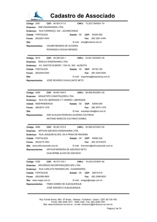 Cadastro de Associado
Código 2081 CGF: 06.924.311-5 CNPJ: 73.203.739/0001-74
Empresa: AMP ENGENHARIA LTDA
Endereço: RUA CARIRIAÇÚ, 504 - JACARECANGA
Cidade FORTALEZA Estado CE CEP: 60326-380
Fones: (85)3281-4344 Fax: (85) 3281-4344
Site E-mail: amp@fortalnet.com.br
Representantes: VALMIR MENDES DE OLIVEIRA
ROSANGELA SOUSA MENDES
Código 5010 CGF: 06.299.332-1 CNPJ: 03.851.923/0001-45
Empresa: ÂNGULO ENGENHARIA LTDA
Endereço: AV. SANTOS DUMONT, 1343 SL. 604 - ALDEOTA
Cidade FORTALEZA Estado CE CEP: 60150-160
Fones: (85)3254-5040 Fax: (85) 3254-5040
Site E-mail: anguloeng@anguloeng.com.br
Representantes: JOSÉ RICARDO CAVALCANTE NETO
Código 4058 CGF: 06.881.934-0 CNPJ: 86.998.903/0001-29
Empresa: ARQUETIPO CONSTRUÇÕES LTDA
Endereço: RUA DA LIBERDADE,711 BAIRRO- LIBERDADE
Cidade INDEPENDENCIA Estado CE CEP: 63640-000
Fones: (88)3675-1378 Fax: (88) 3675-1378
Site E-mail: arquetipo.ltda@bol.com.br
Representantes: ANA GLAUCIA PEDROSA OLIVEIRA COUTINHO
ANTONIO MARCOS COUTINHO GOMES
Código 4666 CGF: 06.267.572-9 CNPJ: 02.585.937/0001-00
Empresa: ARTHUR AZEVEDO ENGENHARIA LTDA
Endereço: RUA JOAQUIM ALVES,130 A PRAIA DE IRACEMA
Cidade FORTALEZA Estado CE CEP: 60060-330
Fones: (85)3219-1603 Fax: (85) 3219-8375
Site www.arthurazevedo.com.br E-mail: financeiro@arthurazevedo.com.br
Representantes: ARTHUR MOREIRA DE AZEVEDO NETO
GUILHERME ALVES DE AZEVEDO
Código 5328 CGF: 06.373.154-1 CNPJ: 10.235.015/0001-92
Empresa: ARVOREDO INCORPORAÇÕES SPE LTDA
Endereço: RUA CARLOTA PINHEIRO,255 - GUARARAPES
Cidade FORTALEZA Estado CE CEP: 60810-019
Fones: (85)3388-5800 Fax: (85) 3388-5833
Site www.magis.com.br E-mail: aragao@magis.com.br
Representantes: FÁBIO GOMES DE ALBUQUERQUE
JOSÉ ARAGÃO E ALBUQUERQUE
Rua Tomás Acioly, 840 - 8º Andar - Aldeota - Fortaleza - Ceará - CEP: 60.135-180
Fones: (85) 3246.1477 - 3246.1328 - Fax: (85) 3246.7397
Site: www.sinduscon-ce.com.br - e-mail: sinduscon@sinduscon-ce.com.br
Página 2 de 74
 