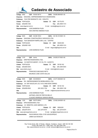 Cadastro de Associado
Código 0092 CGF: 06.842.487-6 CNPJ: 06.880.884/0001-00
Empresa: DIAGONAL EMPREENDIMENTOS E ENGENHARIA
Endereço: RUA FREI MANSUETO, 550 - VARJOTA
Cidade FORTALEZA Estado CE CEP: 60175-070
Fones: (85)4006-1400 Fax: (85) 4006-1414
Site www.diagonal.com.br E-mail: iranete@diagonal.com.br
Representantes: JOAO BARBOSA FIUZA
ANA CRISTINA XIMENES FIUZA
Código 6025 CGF: 06.360.165-6 CNPJ: 09.165.191/0001-16
Empresa: DIAGONAL CONSTRUÇÕES E SERVIÇOS LTDA
Endereço: RUA SENADOR POMPEU,856 LJ-02, - CENTRO
Cidade FORTALEZA Estado CE CEP: 60025-000
Fones: (85)4006-1400 Fax: (85) 4006-1414
Site E-mail: diagonal@diagonal.com.br
Representantes: JOÃO BARBOSA FIUZA
Código 1416 CGF: Isenta CNPJ: 04.993.817/0001-69
Empresa: DIRETRIZ ENGENHARIA LTDA.
Endereço: AV.SANTOS DUMONT, 3131-SL 701 - ALDEOTA
Cidade FORTALEZA Estado CE CEP: 60150-162
Fones: (85)3264-0253 Fax: (85) 3264-0253
Site www.diretriz.eng.br E-mail: diretriz@diretriz.eng.br
Representantes: FRANCISCO MACHADO NETO
MAURICIO JOSE COSTA SALLES
Código 0635 CGF: 06.093548-0 CNPJ: 23.577.265/0001-52
Empresa: DN - EMPREENDIMENTOS IMOBILIARIOS LTDA
Endereço: AV: ANT.SALES,3410, SL1 A10-2 AND.DION.TORRES
Cidade FORTALEZA Estado CE CEP: 60135-102
Fones: (85)4006-8040 (85) 3223-1764 Fax: (85) 4006-1166
Site E-mail: dn@dnempreendimentos.com.br
Representantes: JOAO BARBOSA FIUZA
ANTONIO JOSE DE FREITAS MELLO
CLAUDIO HENRIQUE SARAIVA BRASIL
Código 1235 CGF: 06.073.499-0 CNPJ: 23.562.424/0001-45
Empresa: DPM ENGENHARIA LTDA
Endereço: AV. MINISTRO JOSÉ AMÉRICO, 275
Cidade FORTALEZA Estado CE CEP: 60824245
Fones: (85)3276-4074 (85) 3276-4074 Fax: (85) 3276-4074
Site www.dpmengenharia.com.br E-mail: dpm@dpmengenharia.com.br
Representantes: GILKA MARUIA VIDAL O DE ALBUQUERQUE
JAIME ALEX BOSCOV
Rua Tomás Acioly, 840 - 8º Andar - Aldeota - Fortaleza - Ceará - CEP: 60.135-180
Fones: (85) 3246.1477 - 3246.1328 - Fax: (85) 3246.7397
Site: www.sinduscon-ce.com.br - e-mail: sinduscon@sinduscon-ce.com.br
Página 29 de 74
 