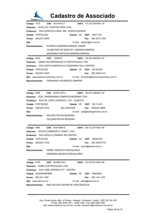 Cadastro de Associado
Código 1415 CGF: 06.010512-7 CNPJ: 07.319.254/0001-16
Empresa: DUPLO M. CONSTRUTORA LTDA.
Endereço: RUA AURISTELA MAIA, 986 - EDSON QUEIROZ
Cidade FORTALEZA Estado CE CEP: 60811100
Fones: (85)3273-3699 Fax: (85) 3273-1835
Site E-mail: duplom@uol.com.br
Representantes: EVARISTO MADEIRA BARROS JÚNIOR
LIA BEATRIZ DE SABOYA F. MADEIRA BARROS
MARIANNA FONTELES MADEIRA BARROS
Código 2830 CGF: .ISENTA CNPJ: 04.344.326/0001-97
Empresa: EBANO INCORPORAÇÃO E PARTICIPAÇÃO LTDA
Endereço: RUA COSTA BARROS,915,2°MAZANINO SAL3 -CENTRO
Cidade FORTALEZA Estado CE CEP: 60140-280
Fones: (85)3251-2020 Fax: (85) 3254-2121
Site www.ebanoincorporacao.com.br E-mail: fernando@ebanoincorporacao.com.br
Representantes: FERNANDO FIGUEIREDO SAMPAIO
Código 0095 CGF: 06.831.527-9 CNPJ: 06.007.439/0001-22
Empresa: ECB - ENGENHARIA COMERCIO BEZERRA LTDA
Endereço: RUA DR. JOSE LOURENCO, 1331 - ALDEOTA
Cidade FORTALEZA Estado CE CEP: 60115-281
Fones: (085)261-9133 (85) 3248-8349 Fax: (085)261-8898
Site E-mail: ecb@ecbengenharia.com.br
Representantes: WALNER ROCHA BEZERRA
VALDEMI ROCHA BEZERRA
Código 0865 CGF: 06.672999-8 CNPJ: 86.712.247/0001-56
Empresa: EDCON COMERCIO E CONST. LTDA
Endereço: RUA ADOLFO CAMINHA 300 CENTRO
Cidade FORTALEZA Estado CE CEP: 60055-030
Fones: (85)3221-4159 Fax: (85) 3226-2770
Site E-mail: edcon@secrel.com.br
Representantes: DANIEL MESQUITA MAGALHAES
GERMANA MESQUITA MAGALHÃES
Código 0195 CGF: 06.866.470-2 CNPJ: 63.476.931/0001-80
Empresa: EDMIL ELETRIFICAÇÃO LTDA
Endereço: RUA JOSÉ CIPRIANO 277 - CENTRO
Cidade QUIXERAMOBIM Estado CE CEP: 63800000
Fones: (88) 441-1297 Fax: (88) 441-1297
Site www.edmil.srv.br E-mail: edmil@edmil.srv.br
Representantes: INES HELENA AGUIAR DE VASCONCELOS
Rua Tomás Acioly, 840 - 8º Andar - Aldeota - Fortaleza - Ceará - CEP: 60.135-180
Fones: (85) 3246.1477 - 3246.1328 - Fax: (85) 3246.7397
Site: www.sinduscon-ce.com.br - e-mail: sinduscon@sinduscon-ce.com.br
Página 30 de 74
 