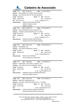 Cadastro de Associado
Código 6012 CGF: 06.366.518-2 CNPJ: 17.393.547/0022-21
Empresa: EMSA-EMPRESA SUL AMERIC. MONTAG S/A SPE
Endereço: RUA OSVALDO CRUZ, 001 SALA 908, MEIRELES
Cidade FORTALEZA Estado CE CEP: 60125-150
Fones: (85)3242-3239 Fax: (85) 3242-2129
Site www.emsa.com.br E-mail: emsa@emsa.com.br
Representantes: ADRIANO JOSÉ CORREA CROSARA
ANNIBAL CROSARA JUNIOR
ANNIBAL CROSARA
Código 3455 CGF: 06.980.491-5 CNPJ: 01.580.283/0001-50
Empresa: ENAUT ENGENHARIA DE INSTALAÇÕES LTDA
Endereço: AVENIDA LUCIANO CARNEIRO,2236 VILA UNIAO
Cidade FORTALEZA Estado CE CEP: 60410-691
Fones: (085)244-3611 Fax: (085)244-3611
Site E-mail: enaut@enaut.com.br
Representantes: HENRIQUE HELDER CAMPOS ARÁUJO
FRANCISCO DALTER PARENTE MENDES
Código 2258 CGF: 06.691.778-6 CNPJ: 05.829.820/0001-04
Empresa: ENERGIBRAZ LTDA.
Endereço: RUA LAERTE PINHEIRO,382 CENTRO
Cidade QUIXADA Estado CE CEP: 63900-000
Fones: (85)3224-5754 Fax: (85) 3224-5754
Site E-mail: energibraz@gmail.com
Representantes: MANUEL FELIX FERREIRA
PAULA CRISTINA DA CUNHA PAULA
Código 0816 CGF: 06.059.488-8 CNPJ: 11.799.863/0001-97
Empresa: ENGECONSUL- ENG. CONST. E CONSULT. LTDA
Endereço: RUA PORTO VELHO,1001-HENRIQUE JORGE
Cidade FORTALEZA Estado CE CEP: 60510040
Fones: (85)3293-8515 Fax: (85) 3297-1641
Site E-mail: engeconsul@hotmail.com
Representantes: RAIMUNDO AUGUSTO NEGREIROS MESQUITA
ANTÔNIO FERREIRA DA SILVA
Código 3084 CGF: 06.943.142-6 CNPJ: 00.319.328/0001-75
Empresa: ENGEPLAN ENGENHARIA LTDA
Endereço: RUA PROF. FRANCISCO GONCALVES,175 - D. TORRES
Cidade FORTALEZA Estado CE CEP: 60135-430
Fones: (85 )272-5537 Fax: (85 )257-6402
Site E-mail: engeplan@secrel.com.br
Representantes: CARLOS HORACIO CARNEIRO FONTENELE
CRISTIANO CESAR AUGUSTO GONCALVES
Rua Tomás Acioly, 840 - 8º Andar - Aldeota - Fortaleza - Ceará - CEP: 60.135-180
Fones: (85) 3246.1477 - 3246.1328 - Fax: (85) 3246.7397
Site: www.sinduscon-ce.com.br - e-mail: sinduscon@sinduscon-ce.com.br
Página 32 de 74
 
