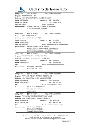 Cadastro de Associado
Código 1004 CGF: 06.909.107-2 CNPJ: 63.476.659/0001-39
Empresa: F C ENGENHARIA LTDA.
Endereço: RUA JORNALISTA NERTAN MACEDO,420 PAPICU
Cidade FORTALEZA Estado CE CEP: 60190-730
Fones: (85 )262-2318 Fax: (85 )262-2318
Site www.fc.eng.br E-mail: fc@fc.eng.br
Representantes: FERNANDO ANTONIO COSATA E SILVA MARINHO
CLENIA REGIA SABOIA MARINHO
Código 6569 CGF: 06.381.984-8 CNPJ: 11.512.944/0003-26
Empresa: FAAB ENGENHARIA LTDA
Endereço: RUA DAS VIÚVAS, S/N - TAPERA
Cidade AQUIRAZ Estado CE CEP: 61700-000
Fones: (85)9913-3595 Fax: (85) 3242-5353
Site www.faab.com.br E-mail: gilson@faab.com.br; sobreiraengenha
Representantes: BRUNO CÂMARA ALENCAR BARROS
ANDREA ALENCAR FERNANDES DE ALBUQUERQUE
GIOVANNI FERNANDES DE ALBUQUERQUE
Código 1558 CGF: 06.924.931-8 CNPJ: 00.109.427/0001-22
Empresa: FAN EMPREEND. E CONSTRUÇÕES LTDA
Endereço: ROD. CE 040, KM 16, S/N, SL"A", OLHO D'AGUA
Cidade AQUIRAZ Estado CE CEP: 61700-000
Fones: (85)4006-8900 Fax: (85) 4006-8924
Site E-mail: talvani@fanconstrucoes.com.br
Representantes: FRANCISCO ASSIS NETO
GUILHERME LIMA ASSIS
Código 2252 CGF: 06.371.506-6 CNPJ: 09.426.464/0001-39
Empresa: FAVO LAGO JACAREY EMPREEND.IMOB.LTDA.SPE
Endereço: RUA THOMAZ POMPEU, 525 SALA 05 MEIRELES
Cidade FORTALEZA Estado CE CEP: 60160-080
Fones: (85)3288-6600 Fax: (85) 3248-2124
Site E-mail: aresende@colmeia.com.br
Representantes: ROMEL DE CASTRO BARBOSA
RONALDO HORN BARBOSA
JACOB STEVN
Código 5008 CGF: 06.976.641-0 CNPJ: 01.415.329/0001-86
Empresa: FAVO S/A EMPREENDIMENTOS E PARTICIPAÇÕES
Endereço: RUA THOMÁZ POMPEU,525 SALA 01 MEIRELES
Cidade FORTALEZA Estado CE CEP: 60160-080
Fones: (85)3288-6666 Fax: (85) 3248-2124
Site E-mail: contabilidadecolmeia.com.br
Representantes: ROMEL DE CASTRO BARBOSA
OTACÍLIO VALENTE COSTA
RONALDO HORN BARBOSA
Rua Tomás Acioly, 840 - 8º Andar - Aldeota - Fortaleza - Ceará - CEP: 60.135-180
Fones: (85) 3246.1477 - 3246.1328 - Fax: (85) 3246.7397
Site: www.sinduscon-ce.com.br - e-mail: sinduscon@sinduscon-ce.com.br
Página 34 de 74
 