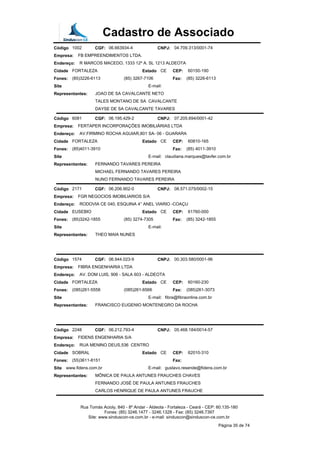 Cadastro de Associado
Código 1002 CGF: 06.663934-4 CNPJ: 04.709.313/0001-74
Empresa: FB EMPREENDIMENTOS LTDA.
Endereço: R MARCOS MACEDO, 1333 12º A. SL 1213 ALDEOTA
Cidade FORTALEZA Estado CE CEP: 60150-190
Fones: (85)3226-6113 (85) 3267-7106 Fax: (85) 3226-6113
Site E-mail:
Representantes: JOAO DE SA CAVALCANTE NETO
TALES MONTANO DE SA CAVALCANTE
DAYSE DE SA CAVALCANTE TAVARES
Código 6081 CGF: 06.195.429-2 CNPJ: 07.205.694/0001-42
Empresa: FERTAPER INCORPORAÇÕES IMOBILIÁRIAS LTDA
Endereço: AV.FIRMINO ROCHA AGUIAR,801 SA- 06 - GUARARA
Cidade FORTALEZA Estado CE CEP: 60810-165
Fones: (85)4011-3910 Fax: (85) 4011-3910
Site E-mail: claudiana.marques@tavfer.com.br
Representantes: FERNANDO TAVARES PEREIRA
MICHAEL FERNANDO TAVARES PEREIRA
NUNO FERNANDO TAVARES PEREIRA
Código 2171 CGF: 06.206.902-0 CNPJ: 08.571.075/0002-15
Empresa: FGR NEGOCIOS IMOBILIARIOS S/A
Endereço: RODOVIA CE 040, ESQUINA 4° ANEL VIARIO -COAÇU
Cidade EUSEBIO Estado CE CEP: 61760-000
Fones: (85)3242-1855 (85) 3274-7305 Fax: (85) 3242-1855
Site E-mail:
Representantes: THEO MAIA NUNES
Código 1574 CGF: 06.944.023-9 CNPJ: 00.303.580/0001-96
Empresa: FIBRA ENGENHARIA LTDA
Endereço: AV. DOM LUIS, 906 - SALA 603 - ALDEOTA
Cidade FORTALEZA Estado CE CEP: 60160-230
Fones: (085)261-5558 (085)261-6566 Fax: (085)261-3073
Site E-mail: fibra@fibraonline.com.br
Representantes: FRANCISCO EUGENIO MONTENEGRO DA ROCHA
Código 2248 CGF: 06.212.793-4 CNPJ: 05.468.184/0014-57
Empresa: FIDENS ENGENHARIA S/A
Endereço: RUA MENINO DEUS,536 CENTRO
Cidade SOBRAL Estado CE CEP: 62010-310
Fones: (55)3611-8151 Fax:
Site www.fidens.com.br E-mail: gustavo.resende@fidens.com.br
Representantes: MÔNICA DE PAULA ANTUNES FRAUCHES CHAVES
FERNANDO JOSÉ DE PAULA ANTUNES FRAUCHES
CARLOS HENRIQUE DE PAULA ANTUNES FRAUCHE
Rua Tomás Acioly, 840 - 8º Andar - Aldeota - Fortaleza - Ceará - CEP: 60.135-180
Fones: (85) 3246.1477 - 3246.1328 - Fax: (85) 3246.7397
Site: www.sinduscon-ce.com.br - e-mail: sinduscon@sinduscon-ce.com.br
Página 35 de 74
 