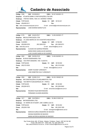 Cadastro de Associado
Código 2306 CGF: 06.383239-9 CNPJ: 09.327.635/0001-72
Empresa: ATLANTIS ADMIN. E PARTICIPAÇÕES LTDA SPE
Endereço: PONTES VIEIRA, 1838, Sl 4- DIONÍSIO TORRES
Cidade FORTALEZA Estado CE CEP: 60130-241
Fones: (85)4008-3411 Fax:
Site www.construtoramarquise.com.br E-mail: comercial@construtoramarquise.com.
Representantes: JOSÉ DIONÍSIO BARSI FILHO
Código 6176 CGF: 06.923.478-7 CNPJ: 12.255.352/0001-77
Empresa: B&Q ELETRIFICAÇÃO LTDA
Endereço: AV.JOSE AMORA SÁ,1501 B-DISTRITO INDUSTRIA II
Cidade EUSEBIO Estado CE CEP: 61760-000
Fones: (85)3260-6700 (85) 3260-6700 Fax: (85) 3260-6701
Site www.beq.com.br E-mail: alexandre@beq.com.br
Representantes: CLAUDIO DE QUEIROZ PEREIRA
MARIA EDICE GADELHA DE QUEIROZ
LUIS CLAUDIO GADELHA DE QUEIROZ
Código 0202 CGF: 06.035.210-8 CNPJ: 12.454.302/0001-19
Empresa: BLOKUS ENGENHARIA LTDA
Endereço: RUA PINTO MADEIRA, 1550 - ALDEOTA
Cidade FORTALEZA Estado CE CEP: 60150-000
Fones: (85)3133-3933 Fax: (85) 3133-3934
Site E-mail: blokus@blokus.com.br
Representantes: SAMIR YOUSSEF JEREISSATI
JOSE DEMETRIO HILUY JEREISSATI
Código 2500 CGF: 06.995.315-5 CNPJ: 02.223.159/0001-09
Empresa: BM CONSTRUÇÕES E PLANEJAMENTOS LTDA
Endereço: RUA BENTO ALBUQUERQUE,351 - PAPICU
Cidade FORTALEZA Estado CE CEP: 60190-080
Fones: (85)3264-9272 Fax: (85) 3264-9642
Site E-mail: bmconstrucoes@secrel.com.br
Representantes: RICARDO FIUZA MONTENEGRO
FERNANDO OLIVEIRA BEZERRA
Código 1617 CGF: 06.675993-5 CNPJ: 05.386.013/0001-64
Empresa: BM ENGENHARIA LTDA.
Endereço: AV: BARÃO DE STUDART, 2360- SOBRE-LOJA 23
Cidade FORTALEZA Estado CE CEP: 60120-002
Fones: (85)3246-1926 Fax: (85) 3246-1926
Site E-mail: bmengenharia@fortalnet.com.br
Representantes: MARCOS AURELIO BEZERRA DE MACEDO
ENOQUE BEZERRA DE MACEDO
MARIA NATERCIA BEZERRA DE MACEDO
Rua Tomás Acioly, 840 - 8º Andar - Aldeota - Fortaleza - Ceará - CEP: 60.135-180
Fones: (85) 3246.1477 - 3246.1328 - Fax: (85) 3246.7397
Site: www.sinduscon-ce.com.br - e-mail: sinduscon@sinduscon-ce.com.br
Página 3 de 74
 