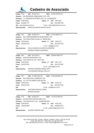 Cadastro de Associado
Código 8150 CGF: 06.365.374-5 CNPJ: 09.369.278/0001-05
Empresa: GDS EMPREEND. IMOBILIARIOS LTDA - SPE
Endereço: AV. WASHINGTON SOARES, 450 LJ 35 - GUARARAPES
Cidade FORTALEZA Estado CE CEP: 60810-300
Fones: (85)3066-7777 Fax: (85) 3066-7788
Site www.diasdesousa.com.br E-mail: diretoria@diasdesousa.com.br
Representantes: MARIA DAS GRAÇAS DIAS DE SOUSA
Código 2291 CGF: 06.385.337-0 CNPJ: 23.720.386/0001-01
Empresa: GELP EMPREENDIMENTOS IMOBILIÁRIOS LTDA.
Endereço: RUA TAQUATIARA,180 SALA 01 MESSEJANA
Cidade FORTALEZA Estado CE CEP: 60842-070
Fones: (85)3229-0757 Fax: (85) 3276-3746
Site E-mail: gelp@gelp.com.br
Representantes: PAULO AFONSO DOS SANTOS GUERREIRO
RICARDO SCHMIDT GUERREIRO
Código 0267 CGF: 06.212.831-0 CNPJ: 06.089.614/0001-78
Empresa: GERTECE ENGENHARIA LTDA
Endereço: RUA FILADELFIA, 955 - ÁGUA FRIA
Cidade FORTALEZA Estado CE CEP: 60811-120
Fones: (85)3273-0267 Fax: (85) 3273-0267
Site E-mail: gertece@uol.com.br
Representantes: ORLANDO GERARDO RANGEL NETO
TULIO MADSON ARRUDA COELLHO
Código 7501 CGF: 18.1580.01227154 CNPJ: 10.963.262/0001-05
Empresa: GM.5 INDUSTRIA E COMERCIO LTDA
Endereço: AV. N, N°278, BAIRRO JOSÉ WALTER
Cidade FORTALEZA Estado CE CEP: 60750-130
Fones: (85)3291-0505 Fax: (85) 3291-6245
Site E-mail: gm5@secrel.com.br
Representantes: JOSÉ MARIA MACEDO JUNIOR
MARIANA MACEDO
Código 0124 CGF: 06.028.707-1 CNPJ: 10.372.571/0001-00
Empresa: GOLDEN STAR CONSTRUÇÕES LTDA
Endereço: RUA ANA BATISTA, 450 - JARDIM IRACEMA
Cidade FORTALEZA Estado CE CEP: 60341-360
Fones: (085)228-0803 Fax: (085)228-5919
Site E-mail: goldenstar@superig.com.br
Representantes: EUGENIO FERREIRA LIMA
Rua Tomás Acioly, 840 - 8º Andar - Aldeota - Fortaleza - Ceará - CEP: 60.135-180
Fones: (85) 3246.1477 - 3246.1328 - Fax: (85) 3246.7397
Site: www.sinduscon-ce.com.br - e-mail: sinduscon@sinduscon-ce.com.br
Página 39 de 74
 