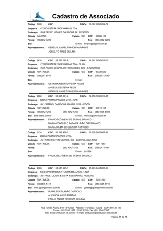 Cadastro de Associado
Código 5380 CGF: CNPJ: 16.167.009/0004-74
Empresa: HYDROSISTEM ENGENHARIA LTDA
Endereço: RUA PEDRO GOMES DA ROCHA,741 CENTRO
Cidade CAUCAIA Estado CE CEP: 61600-120
Fones: (85)3342-3289 Fax: (85) 3342-3289
Site E-mail: hydros@cagece.com.br
Representantes: GERSUS JUAREL PINHEIRO ARARIPE
JOSELITO PIRES DE LIMA
Código 3435 CGF: 06.267.287-8 CNPJ: 16.167.009/0002-02
Empresa: HYDROSISTEM ENGENHARIA LTDA - FILIAL
Endereço: RUA PADRE LEOPOLDO FERNANDES, S/N - S.GERARDO
Cidade FORTALEZA Estado CE CEP: 60320-020
Fones: (085)287-6541 Fax: (085)287-3630
Site E-mail:
Representantes: SILVIO HUMBERTO VIEIRA REGIS
ANGELA GESTEIRA REGIS
GERSUS JUAREZ PINHEIRO ARARIPE
Código 4868 CGF: 06.365.531-4 CNPJ: 06.258.768/0010-37
Empresa: IDIBRA PARTICIPAÇÕES LTDA - SPE
Endereço: AV. FIRMINO DA ROCHA AGUIAR, 1033 - COCÓ
Cidade FORTALEZA Estado CE CEP: 60810-165
Fones: (85)4012-1255 (85) 4012-1255 Fax: (85) 4005-5489
Site www.idibra.com.br E-mail: marcus@idibra.com.br
Representantes: FRANCISCO IVENS DE SÁ DIAS BRANCO
MARIA CONSUELO SARAIVA LEÃO DIAS BRANCO
MARIA WILMA DE OLIVEIRA PATRÍCIO
Código 0134 CGF: 06.296.476-3 CNPJ: 06.258.768/0007-31
Empresa: IDIBRA PARTICIPAÇÕES LTDA.
Endereço: AV. WASHINGTON SOARES, 900 - BAIRRO AGUA FRIA
Cidade FORTALEZA Estado CE CEP: 60811340
Fones: (85) 4012-1255 Fax: (085)241-5447
Site E-mail: 851668
Representantes: FRANCISCO IVENS DE SA DIAS BRANCO
Código 4005 CGF: 06.681.943-1 CNPJ: 05.263.842/0001-50
Empresa: IGC-EMPREENDIMENTOS IMOBILIÁRIOS LTDA
Endereço: AV: PRES. COSTA E SILVA 4305-BAIRRO PASSARÉ
Cidade FORTALEZA Estado CE CEP: 60761190
Fones: (85)3535-5411 Fax: (85) 3535-5410
Site www.igcengenharia.com.br E-mail: gisele@igcengenharia.com.br
Representantes: IRAMILTON GURJÃO CARDOSO
ALYSSON ALVES FREITAS
PAULO ANDRÉ PEDROZA DE LIMA
Rua Tomás Acioly, 840 - 8º Andar - Aldeota - Fortaleza - Ceará - CEP: 60.135-180
Fones: (85) 3246.1477 - 3246.1328 - Fax: (85) 3246.7397
Site: www.sinduscon-ce.com.br - e-mail: sinduscon@sinduscon-ce.com.br
Página 41 de 74
 