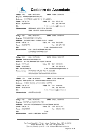 Cadastro de Associado
Código 2298 CGF: 06.676.640-0 CNPJ: 05.494.330/0001-02
Empresa: MODESTO ENGENHARIA LTDA
Endereço: AV. ANTONIO SALES, 1317 SL 401- ALDEOTA
Cidade FORTALEZA Estado CE CEP: 60135-100
Fones: (85)3246-1049 Fax: (85) 3246-1049
Site E-mail: modesto.eng@terra.com.br
Representantes: ALEXANDRE MODESTO DE OLIVEIRA
ALINE SANTIAGO ALVES DE OLIVEIRA
Código 2262 CGF: 06.830.481-1 CNPJ: 05.875.273/0001-01
Empresa: MODULO ENGENHARIA LTDA
Endereço: RUA MARCONDES PEREIRA, 1151 - D. TORRES
Cidade FORTALEZA Estado CE CEP: 60130-060
Fones: (85)3272-1700 Fax: (85) 3272-1700
Site E-mail: modulocp@uol.com.br
Representantes: LUIS CARLOS SILVA MONTENEGRO
LUCAS ROCHA MONTENEGRO
Código 6000 CGF: 06.676.468-8 CNPJ: 05.482.015/0001-57
Empresa: MOKSA ENGENHARIA LTDA
Endereço: RUA ISAC MEYER N°293, BAIRRO ALDEOTA
Cidade FORTALEZA Estado CE CEP: 60150-000
Fones: (85)3252-8813 Fax: (85) 3252-8813
Site www.moksa.eng.br E-mail: fernandooliveira@moksa.eng.br
Representantes: FRANCISCO CLÁUDIO VIDAL DE MENEZES
FERNANDO ANTÔNIO ALMEIDA DE OLIVEIRA
Código 1703 CGF: 06.180.990-0 CNPJ: 07.239.294/0001-58
Empresa: MONTE PASCOAL EMPREENDIMENTOS IMOB. LTDA
Endereço: AV. DOM MANOEL, N°1116 BAIRRO - CENTRO
Cidade FORTALEZA Estado CE CEP: 60060-091
Fones: (85)3433-3750 Fax: (85) 3433-3752
Site E-mail: financeiroerg@secrel.com.br
Representantes: ANDRÉ BICHUCHER
Código 0161 CGF: 06.073.418-3 CNPJ: 07.067.176/0001-00
Empresa: MONTEPLAN ENGENHARIA LTDA
Endereço: RUA PROFESSOR MARIO ROCHA, 75-JOAQUIM TAVORA
Cidade FORTALEZA Estado CE CEP: 60120-200
Fones: (085)272-5299 Fax: (085)272-4700
Site E-mail:
Representantes: GERALDO ANDRADE ARAGAO
Rua Tomás Acioly, 840 - 8º Andar - Aldeota - Fortaleza - Ceará - CEP: 60.135-180
Fones: (85) 3246.1477 - 3246.1328 - Fax: (85) 3246.7397
Site: www.sinduscon-ce.com.br - e-mail: sinduscon@sinduscon-ce.com.br
Página 54 de 74
 