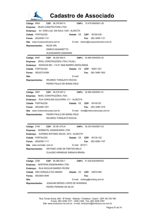 Cadastro de Associado
Código 8954 CGF: 06.376.847-0 CNPJ: 10.479.909/0001-28
Empresa: MUZA CONSTRUTORA LTDA
Endereço: AV. DOM LUIZ, 500 SALA 1429 - ALDEOTA
Cidade FORTALEZA Estado CE CEP: 60160-230
Fones: (85)3458-1131 Fax: (85) 3458-1131
Site www.muzaconstrutora.com.br E-mail: robson@muzaconstrutora.com.br
Representantes: MUZA SRL
ENRICO MUNARETTO
ALESSANDRO ZANDARIN
Código 6087 CGF: 06.202.854-5 CNPJ: 02.960.450/0002-32
Empresa: NÍVEL CONSTRUÇÕES LTDA ( FILIAL)
Endereço: RODOVIA BR - 116 N° 5848 BAIRRO AEROLÂNDIA
Cidade FORTALEZA Estado CE CEP: 60871-201
Fones: (85)3272-6388 Fax: (85) 3486-1502
Site E-mail:
Representantes: RICARDO TORQUATO ROCHA
PEDRO PAULO DE BONIS CRUZ
Código 0997 CGF: 06.276.057-2 CNPJ: 02.960.450/0001-51
Empresa: NIVEL CONSTRUÇÕES LTDA.
Endereço: RUA CAROLINA SUCUPIRA, 411 - ALDEOTA
Cidade FORTALEZA Estado CE CEP: 60140120
Fones: (85)3486-1501 Fax: (85) 3486-1516
Site www.nivelconstrucoes.com.br E-mail: nivel@nivelconstrucoes.com.br
Representantes: PEDRO PAULO DE BONIS CRUZ
RICARDO TORQUATO ROCHA
Código 0164 CGF: 06.361.072-8 CNPJ: 05.353.545/0001-03
Empresa: NORMATEL ENGENHARIA LTDA
Endereço: AVENIDA ANTONIO SALES, 3410 - ALDEOTA
Cidade FORTALEZA Estado CE CEP: 60135-102
Fones: (85)4006-1111 Fax: (85) 4006-1167
Site www.normatel .com.br E-mail: 851511
Representantes: ANTONIO JOSE DE FREITAS MELO
CLAUDIO HENRIQUE SARAIVA BRASIL
Código 2256 CGF: 06.386.020-1 CNPJ: 01.200.622/0009-83
Empresa: NORTENG ENGENHARIA LTDA
Endereço: RUA NOVA,65 BAIRRO PECÉM
Cidade SÃO GONÇALO DO AMARA Estado CE CEP: 62674-000
Fones: (85)3924-0046 Fax:
Site E-mail: norteng@norteng.com.br
Representantes: JOAQUIM SERGIO LOPES DE NORANHA
PEDRO PEREIRA DA SILVA
Rua Tomás Acioly, 840 - 8º Andar - Aldeota - Fortaleza - Ceará - CEP: 60.135-180
Fones: (85) 3246.1477 - 3246.1328 - Fax: (85) 3246.7397
Site: www.sinduscon-ce.com.br - e-mail: sinduscon@sinduscon-ce.com.br
Página 57 de 74
 