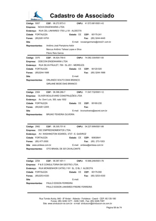 Cadastro de Associado
Código 5007 CGF: 06.272.873-3 CNPJ: 41.573.981/0001-43
Empresa: NOVA ENGENHARIA LTDA
Endereço: RUA CEL LINHARES 1750 LJ 04 - ALDEOTA
Cidade FORTALEZA Estado CE CEP: 60170-241
Fones: (85)3261-9753 Fax: (85) 3244-4445
Site E-mail: novaengenharia@click21.com.br
Representantes: Antônio José Pamplona Asfor
Marcus Antônio Talissa Lopes e Silva
Flávio Reis Garcia
Código 3370 CGF: 06.924.759-5 CNPJ: 74.082.330/0001-00
Empresa: ODECON ENGENHARIA LTDA
Endereço: RUA SILVA PAULET, 769 - SL-201 - MEIRELES
Cidade FORTALEZA Estado CE CEP: 60120-020
Fones: (85)3244-1688 Fax: (85) 3244-1688
Site E-mail:
Representantes: ORLANDO SOUTO DIAS BRANCO
GIRLANE BEDE DIAS BRANCO
Código 2304 CGF: 06.396.266-7 CNPJ: 11.547.732/0001-12
Empresa: OLIVER BOULEVARD CONSTRUÇÕES LTDA
Endereço: Av. Dom Luís, 300, sala 1002
Cidade FORTALEZA Estado CE CEP: 60160-230
Fones: (85)3261-2205 Fax:
Site E-mail: brunooliveira@secrel.com.br
Representantes: BRUNO TEIXEIRA OLIVEIRA
Código 2992 CGF: 06.305.701-8 CNPJ: 04.227.699/0001-88
Empresa: OSC EMPREENDIMENTOS LTDA.
Endereço: AV. WASHINGTON SOARES, 3737 - E. QUEIROZ
Cidade FORTALEZA Estado CE CEP: 60830641
Fones: (85) 477-2000 Fax: (85) 273-1003
Site www.aridesa.com.br E-mail: aridesa@aridesa.com.br
Representantes: OTO BRASIL DE SÁ CAVALCANTE
Código 2254 CGF: 06.387.491-1 CNPJ: 10.966.246/0001-76
Empresa: P & E CONSULTORIA EM GESTÃO LTDA.
Endereço: RUA MONSENHOR CATÃO,1191 SL. D BL.1 ALDEOTA
Cidade FORTALEZA Estado CE CEP: 60175-000
Fones: (85)3253-4330 Fax: (85) 3253-4330
Site E-mail:
Representantes: PAULO EDSON FERREIRA
PAULO EDSON LINHARES FREIRE FERREIRA
Rua Tomás Acioly, 840 - 8º Andar - Aldeota - Fortaleza - Ceará - CEP: 60.135-180
Fones: (85) 3246.1477 - 3246.1328 - Fax: (85) 3246.7397
Site: www.sinduscon-ce.com.br - e-mail: sinduscon@sinduscon-ce.com.br
Página 58 de 74
 