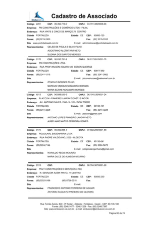 Cadastro de Associado
Código 2281 CGF: 06.392.716-0 CNPJ: 03.701.380/0006-94
Empresa: PB CONSTRUÇÕES E COMÉRCIO LTDA.- FILIAL
Endereço: RUA VINTE E CINCO DE MARÇO,75 CENTRO
Cidade FORTALEZA Estado CE CEP: 60060-120
Fones: (62)3219-3300 Fax: (62) 3219-3333
Site www.portobeloweb.com.br E-mail: administracao@portobeloweb.com.br
Representantes: CELSO DE PAULA E SILVA FILHO
AGOSTINHO ALCÂNTARA NETO
SUZANA DOS SANTOS MENDES
Código 0170 CGF: 06.830.761-6 CNPJ: 06.017.891/0001-75
Empresa: PB CONSTRUÇÕES LTDA
Endereço: RUA PROF.WILSON AGUIAR,125 EDSON QUEIROZ
Cidade FORTALEZA Estado CE CEP: 60811-590
Fones: (85)3241-1515 Fax: (85) 3241-3982
Site E-mail: pbconstrucoes@veloxmail.com.br
Representantes: OTACILIO BORGES FILHO
MARCUS VINICIUS NOGUEIRA BORGES
MARIA ELIANE NOGUEIRA BORGES
Código 6013 CGF: 06.688.635-0 CNPJ: 06.104.030/0001-24
Empresa: PLACCON - PINHEIRO LANDIM CONST. E INCOR
Endereço: AV. ANTONIO SALES, 2343- S- 105 - DION.TORRE
Cidade FORTALEZA Estado CE CEP: 60135-101
Fones: (85)3244-3228 Fax: (85) 3244-3228
Site E-mail: placcon@gmail.com
Representantes: ANTONIO LOPES PINHEIRO LANDIM NETO
AURELIANO MATOS FERREIRA GOMES
Código 0173 CGF: 06.092.896-4 CNPJ: 07.582.299/0001-89
Empresa: POLIGONAL ENGENHARIA LTDA
Endereço: RUA PADRE VALDEVINO, 2520 - ALDEOTA
Cidade FORTALEZA Estado CE CEP: 60135-041
Fones: (85)3224-7144 Fax: (85) 3224-5672
Site E-mail: poligonalengenharia@gmail.com
Representantes: RONALDO REGIS MOURAO
MARIA DILCE DE ALMEIDA MOURAO
Código 2313 CGF: CNPJ: 08.784.387/0001-26
Empresa: POLY CONSTRUÇÕES E SERVIÇOS LTDA
Endereço: R. SENADOR ALMIR PINTO, 77 CENTRO
Cidade FORTALEZA Estado CE CEP: 60050-250
Fones: (85)3252-5169 (85) 8728-2210 Fax:
Site E-mail:
Representantes: FRANCISCO ANTONIO FERREIRA DE AGUIAR
ANTONIO AUGUSTO PINHEIRO DE OLIVEIRA
Rua Tomás Acioly, 840 - 8º Andar - Aldeota - Fortaleza - Ceará - CEP: 60.135-180
Fones: (85) 3246.1477 - 3246.1328 - Fax: (85) 3246.7397
Site: www.sinduscon-ce.com.br - e-mail: sinduscon@sinduscon-ce.com.br
Página 60 de 74
 