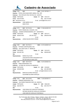 Cadastro de Associado
Código 9162 CGF: CNPJ: 09.301.487/0001-17
Empresa: PORTAL DAS DUNAS EMPR. IMOBIL.LTDA - SPE
Endereço: RUA OSVALDO CRUZ, 606 SALA 05, ALDEOTA
Cidade FORTALEZA Estado CE CEP: 60125-151
Fones: (85)3133-4050 Fax: (85) 3133-4055
Site www.jsimoes.com.br E-mail: jsimoes@jsimoes.com.br
Representantes: JOSÉ SIMÕES FILHO
DEIB OTOCH
Código 0174 CGF: 06.374.424-4 CNPJ: 01.064.644/0001-06
Empresa: PORTO FREIRE ENG. E INCORP. LTDA
Endereço: AVENIDA EXPEDICIONARIOS, 5571 - AEROPORTO
Cidade FORTALEZA Estado CE CEP: 60410-411
Fones: (85)3521-6700 (85) 3521-6701 Fax: (085)433-6708
Site E-mail:
Representantes: JORGE WILSON PORTO FREIRE
Código 3663 CGF: 06.270.591-1 CNPJ: 02.732.328/0001-28
Empresa: POTENZA CONSTRUÇÕES LTDA
Endereço: RUA JOSE VILAR, 01 - MEIRELES
Cidade FORTALEZA Estado CE CEP: 60125-070
Fones: (85) 248-1250 Fax: (085)248-9001
Site E-mail:
Representantes: MARCIO HILUY ARY
JOAO BATISTA PINTO NOGUEIRA FILHO
NILTON CARLOS VIANA LEITE
Código 2250 CGF: 06.674.597-7 CNPJ: 05.270.839/0001-63
Empresa: PRIMA ENGENHARIA LTDA
Endereço: AV DOM LUIS, 300 SALA 912-MEIRELES
Cidade FORTALEZA Estado CE CEP: 60160230
Fones: (85)3264-9590 Fax: (85) 3264-9590
Site E-mail: prima@oriontelecom.com.br
Representantes: MARCOS SILVEIRA FONTELES
GUILHERME SILVEIRA FONTELES
Código 0243 CGF: 06.912.394-2 CNPJ: 72.424.062/0001-31
Empresa: PRIMARE ENGENHARIA LTDA
Endereço: RUA PADRE FRANCISCO PINTO, 66 - BENFICA
Cidade FORTALEZA Estado CE CEP: 60020-290
Fones: (85)3194-7777 Fax: (85) 3194-7777
Site E-mail:
Representantes: JOSE RONALD DE CARVALHO FONTENELE
ANTONIO HELDER DE CARVALHO FONTENELE
JOSE DARIO DE CARVALHO FONTENELLE
Rua Tomás Acioly, 840 - 8º Andar - Aldeota - Fortaleza - Ceará - CEP: 60.135-180
Fones: (85) 3246.1477 - 3246.1328 - Fax: (85) 3246.7397
Site: www.sinduscon-ce.com.br - e-mail: sinduscon@sinduscon-ce.com.br
Página 61 de 74
 