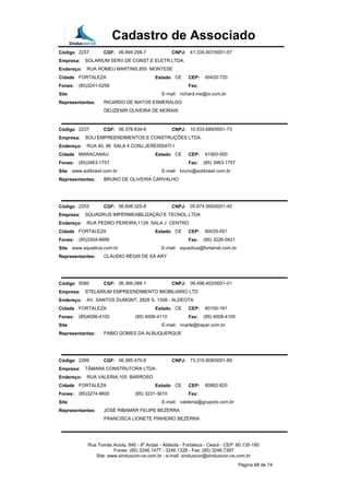 Cadastro de Associado
Código 2257 CGF: 06.894.208-7 CNPJ: 41.335.407/0001-57
Empresa: SOLARIUM SERV.DE CONST.E ELETR.LTDA.
Endereço: RUA ROMEU MARTINS,855 MONTESE
Cidade FORTALEZA Estado CE CEP: 60420-720
Fones: (85)3241-0258 Fax:
Site E-mail: richard.me@oi.com.br
Representantes: RICARDO DE MATOS ESMERALDO
DEUZENIR OLIVEIRA DE MORAIS
Código 2237 CGF: 06.378.634-6 CNPJ: 10.533.689/0001-73
Empresa: SOLI EMPREENDIMENTOS E CONSTRUÇÕES LTDA.
Endereço: RUA 40, 86 SALA 4 CONJ.JEREISSATI I
Cidade MARACANAU Estado CE CEP: 61900-000
Fones: (85)3463-1757 Fax: (85) 3463-1757
Site www.solibrasil.com.br E-mail: bruno@solibrasil.com.br
Representantes: BRUNO DE OLIVEIRA CARVALHO
Código 2253 CGF: 06.698.325-8 CNPJ: 05.674.560/0001-45
Empresa: SQUADRUS IMPERMEABILIZAÇÃO E TECNOL.LTDA
Endereço: RUA PEDRO PEREIRA,1129 SALA J CENTRO
Cidade FORTALEZA Estado CE CEP: 60035-001
Fones: (85)3304-6666 Fax: (85) 3226-0421
Site www.squadrus.com.br E-mail: squadrus@fortalnet.com.br
Representantes: CLÁUDIO RÉGIS DE SÁ ARY
Código 5080 CGF: 06.366.088-1 CNPJ: 09.496.402/0001-01
Empresa: STELARIUM EMPREENDIMENTO IMOBILIARIO LTD
Endereço: AV. SANTOS DUMONT, 2828 S- 1308 - ALDEOTA
Cidade FORTALEZA Estado CE CEP: 60150-161
Fones: (85)4006-4100 (85) 4006-4110 Fax: (85) 4006-4100
Site E-mail: ricarte@bspar.com.br
Representantes: FABIO GOMES DA ALBUQUERQUE
Código 2269 CGF: 06.385.470-8 CNPJ: 73.315.608/0001-89
Empresa: TÂMARA CONSTRUTORA LTDA.
Endereço: RUA VALERIA,100 BARROSO
Cidade FORTALEZA Estado CE CEP: 60862-820
Fones: (85)3274-9600 (85) 3231-3610 Fax:
Site E-mail: valdenia@gruporb.com.br
Representantes: JOSÉ RIBAMAR FELIPE BEZERRA
FRANCISCA LIONETE PINHEIRO BEZERRA
Rua Tomás Acioly, 840 - 8º Andar - Aldeota - Fortaleza - Ceará - CEP: 60.135-180
Fones: (85) 3246.1477 - 3246.1328 - Fax: (85) 3246.7397
Site: www.sinduscon-ce.com.br - e-mail: sinduscon@sinduscon-ce.com.br
Página 68 de 74
 