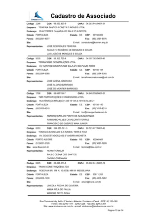 Cadastro de Associado
Código 2288 CGF: 06.833.830-9 CNPJ: 06.353.445/0001-31
Empresa: TEIXEIRA SANTOS CONSTR.E IMÓVEIS LTDA.
Endereço: RUA TORRES CAMARA,421 SALA 07 ALDEOTA
Cidade FORTALEZA Estado CE CEP: 60150-060
Fones: (85)3261-8077 Fax: (85) 3261-8076
Site E-mail: construtora@konnen.eng.br
Representantes: JOSÉ RODRIGUES TEIXEIRA
AUGUSTO ROGÉRIO DE MENEZES E SOUZA
LUIS JOSÉ DE MENEZES E SOUZA
Código 5025 CGF: 06.302.720-8 CNPJ: 04.057.382/0001-40
Empresa: TERRAFIRME CONSTRUÇÕES LTDA
Endereço: AV: SANTOS DUMONT,2626 SALA-213 ED.PLAZA TOWE
Cidade FORTALEZA Estado CE CEP: 60150-161
Fones: (85)3264-6385 Fax: (85) 3264-6385
Site E-mail: terrafirmeconstrucoes@uol.com.br
Representantes: JOSÉ ADENIL BARROSO
JOSÉ ALCIRIO BARROSO
JOSÉ DE MONTIER BARROSO
Código 1708 CGF: 06.667150-7 CNPJ: 04.949.758/0001-21
Empresa: TMR PARTICIPAÇÕES E ENGENHARIA LTDA.
Endereço: RUA MARCOS MACEDO,1333 19° AN,S-1919 B ALDEOT
Cidade FORTALEZA Estado CE CEP: 60150-190
Fones: (85)3205-9310 Fax: (85) 3205-9310
Site E-mail: tmr@rmengenharia.com.br
Representantes: ANTONIO CARLOS PONTE DE ALBUQUERQUE
RAIMUNDO ALVES CAVALCANTI FERRAZ
FRANCISCO DE QUEIROZ MAIA JUNIOR
Código 6253 CGF: 096.255.701-3 CNPJ: 89.723.977/0001-40
Empresa: TONIOLO,BUSNELLO S.A-TUNEIS, TERR.E PAVI
Endereço: AV. DOS ESTADOS,2405-3° ANDAR-ANCHIETA
Cidade PORTO ALEGRE Estado RS CEP: 90200-001
Fones: (51)3021-2120 Fax: (51) 3021-1299
Site www.tbsa.com.br E-mail: tecnica@tbsa.com.br
Representantes: HERNI TONIOLO
PAULO CESAR DOS SANTOS
ONÓRIO TREMARIN
Código 0225 CGF: 06.826.613-8 CNPJ: 05.602.941/0001-19
Empresa: TRANA CONSTRUÇÕES LTDA
Endereço: RODOVIA BR. 116 N. 10.000B, KM 09- MESSEJANA
Cidade FORTALEZA Estado CE CEP: 60871-201
Fones: (85)4006-1200 Fax: (85) 4006-1262
Site E-mail: ailson@trana.com.br
Representantes: LINCOLN ROCHA DE OLIVEIRA
MARA RÔLA DE PAULA
MARCOS PINTO ROLA
Rua Tomás Acioly, 840 - 8º Andar - Aldeota - Fortaleza - Ceará - CEP: 60.135-180
Fones: (85) 3246.1477 - 3246.1328 - Fax: (85) 3246.7397
Site: www.sinduscon-ce.com.br - e-mail: sinduscon@sinduscon-ce.com.br
Página 70 de 74
 