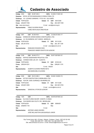 Cadastro de Associado
Código 4050 CGF: 06.997.400-4 CNPJ: 02.268.011/0001-82
Empresa: VECOL-VETOR ENGENHARIA E CONSULTORIA LTD
Endereço: AV. LUCIANO CARNEIRO, 1770 S-102 - VILA UNIÃO
Cidade FORTALEZA Estado CE CEP: 60410-690
Fones: (85)3257-7499 Fax: (85) 3257-7499
Site www.vecol.eng.br E-mail: vecol@vecol.eng.br
Representantes: PABLO OLIVEIRA ROLIM
CAMILA BEVILÁQUA DINIZ ROLIM
Código 0587 CGF: 06.092168-4 CNPJ: 23.538.051/0001-77
Empresa: VERMACON VERDES MARES CONSTRUÇÕES LTDA
Endereço: AV. RUI BARBOSA, 687 FUNDOS - MEIRELES
Cidade FORTALEZA Estado CE CEP: 60115-220
Fones: (85) 261-6723 Fax: (85) 261-1238
Site E-mail: araver@secrel.com.br
Representantes: RAIMUNDO ROGERIO RIOS
FRANCISCO ABNER PEIXOTO DE ALENCAR
Código 0198 CGF: 06.842.377-2 CNPJ: 06.871.867/0001-07
Empresa: VERTICE ENGENHARIA PROJETOS LTDA
Endereço: AVENIDA DOM LUIS, 837 - ALDEOTA
Cidade FORTALEZA Estado CE CEP: 60160-230
Fones: (085)244-0321 Fax: (085)261-1219
Site E-mail: 854220
Representantes: ALBERTO OLIVEIRA FREIRE NETO
ANA MARIA MELO OLIVEIRA
Código 5038 CGF: 06.813.498-3 CNPJ: 06.926.133/0001-70
Empresa: VICTOR CONSTRUTORA E IMOBILIARIA LTDA
Endereço: RUA DR. JOSE LOURENÇO, 504-MEIRELLES
Cidade FORTALEZA Estado CE CEP: 60115-280
Fones: (85)3261-0085 Fax: (85) 3261-0750
Site E-mail: covictor@terra.com.br
Representantes: SANDOVAL VITOR DE ALENCAR
Código 1520 CGF: - CNPJ: 08.876.907/0001-20
Empresa: VILA DAS FLORES INCORP. CONSTR. E VENDA
Endereço: RUA MADRE ANA COUTO, S/N - MESSEJANA
Cidade FORTALEZA Estado CE CEP: 60864591
Fones: (85)8635-1104 Fax:
Site E-mail:
Representantes: ANTONIO LAMAS ANCIÃES
JOSÉ WELLINGTON ALBUQUERQUE JUNIOR
Rua Tomás Acioly, 840 - 8º Andar - Aldeota - Fortaleza - Ceará - CEP: 60.135-180
Fones: (85) 3246.1477 - 3246.1328 - Fax: (85) 3246.7397
Site: www.sinduscon-ce.com.br - e-mail: sinduscon@sinduscon-ce.com.br
Página 72 de 74
 