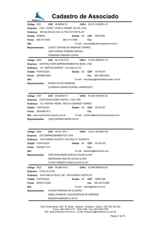 Cadastro de Associado
Código 3551 CGF: 06.828461-6 CNPJ: 06.021.612/0001-47
Empresa: CCN - CONST. CIVIS E TRANSP. DO NE LTDA.
Endereço: BR.222,KM 223,S/N, ALTOS-CX POSTAL-87
Cidade SOBRAL Estado CE CEP: 62051060
Fones: (88) 614-3055 (88) 3112-0800 Fax:
Site E-mail: fernando@cafeserragrande.com.br
Representantes: JOCELY DANTAS DE ANDRADE TORRES
JOSE AZENEU PEREIRA DANTAS
FERNANDO IBIAPINA CUNHA
Código 0595 CGF: 06.19.35.37-9 CNPJ: 07.924.298/0001-75
Empresa: CENTRAL PARK EMPREENDIMENTOS IMOB. LTDA
Endereço: AV. SANTOS DUMONT, 2122 SALA 2110
Cidade FORTALEZA Estado CE CEP: 60175-047
Fones: (85)3486-9200 Fax: (85) 3486-9200
Site E-mail: maurojorge@manhattancenter.com.br
Representantes: PEDRO FELIPE BARBOSA
CLARISSA SOARES GURGEL WANDERLEY
Código 2307 CGF: 06.383807-9 CNPJ: 09.256.780/0001-00
Empresa: CENTURION ADM.E PARTIC. LTDA. SPE
Endereço: AV. PONTES VIEIRA, 1838 SL4 DIONÍSIO TORRES
Cidade FORTALEZA Estado CE CEP: 60130-241
Fones: (85)4008-3411 Fax:
Site www.construtoramarquise.com.br E-mail: comercial@construtoramarquise.com.
Representantes: JOSÉ DIONÍSIO BARSI FILHO
Código 6968 CGF: 06.381.576-1 CNPJ: 35.241.991/0001-89
Empresa: CFG EMPREENDIMENTOS LTDA
Endereço: RUA NUNES VALENTE,1430 SALA 01 ALDEOTA
Cidade FORTALEZA Estado CE CEP: 60125-070
Fones: (85)3224-1011 Fax:
Site E-mail: alveslima@alveslima.com
Representantes: CRISTIANA MARIA DIAS DE SOUZA ALVES
GEORGIANA DIAS DE SOUZA ALVES
FLÁVIO ROBERTO DINIZ ALVES FILHO
Código 0022 CGF: 06.289.916-3 CNPJ: 02.966.986/0002-65
Empresa: CITELUZ LTDA.
Endereço: RUA ADELIA FEIJO, 300 - ESPLANADA CASTELAO
Cidade FORTALEZA Estado CE CEP: 60867-620
Fones: (85)4012-2400 Fax: (85) 4012-2408
Site E-mail: citeluz@citeluz.com.br
Representantes: VALDIR FERREIRA DE OLIVEIRA
ANGELO MANUEL ALBUQUERQUE DE ANDRADE
NADSON ANDRADE E SILVA
Rua Tomás Acioly, 840 - 8º Andar - Aldeota - Fortaleza - Ceará - CEP: 60.135-180
Fones: (85) 3246.1477 - 3246.1328 - Fax: (85) 3246.7397
Site: www.sinduscon-ce.com.br - e-mail: sinduscon@sinduscon-ce.com.br
Página 7 de 74
 