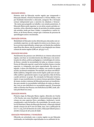 Educação Básica 
Anuário Brasileiro da Educação Básica 2013 127 
Primeiro nível da Educação escolar regular que compreende a 
Educação Infantil, o Ensino Fundamental e o Ensino Médio, e tem 
por finalidade desenvolver o educando, assegurar-lhe a formação 
comum indispensável para o exercício da cidadania e fornecer- 
-lhe meios para progredir no trabalho e em estudos posteriores. A 
Educação Básica pode organizar-se em séries anuais, períodos se-mestrais, 
ciclos, alternância regular de períodos de estudos, grupos 
não seriados, tendo por base a idade, a competência e outros cri-térios, 
ou de forma diversa, sempre que o interesse do processo de 
aprendizagem assim o recomendar. 
Educação Especial 
Modalidade de Educação escolar oferecida para educandos com ne-cessidades 
especiais, na rede regular de ensino ou em classes, esco-las 
ou serviços especializados, sempre que, em função das condições 
específicas dos alunos, não for possível a sua integração nas classes 
comuns de ensino regular (LDB, art. 58, § § 1o e 2o). 
Educação Inclusiva 
Atendimento das pessoas com deficiência no sistema educacional 
regular, com base no reconhecimento das diferenças e da reestru-turação 
da cultura, práticas pedagógicas e metodologias de ensino, 
de forma a atender às necessidades de todas as crianças e jovens. 
Forma de Educação especial, a qual inclui também classes e escolas 
especiais, e a integração com apoio especializado. No ensino in-tegrado, 
o aluno com deficiência se adapta, com auxílio da equipe 
escolar, aos demais estudantes. Por exemplo, um aluno com dificul-dades 
auditivas, integrado numa escola regular, pode usar um apa-relho 
auditivo e geralmente espera-se que aprenda a falar de forma 
a poder pertencer ao grupo. Na concepção da Educação inclusiva, 
espera-se que os professores e as outras crianças aprendam a língua 
de sinais; escolas e sistemas de Educação precisam ser transforma-dos 
para atender às necessidades individuais de todos os educan-dos, 
com ou sem deficiência ou necessidade especial. (Convenção 
sobre os Direitos das Pessoas com Deficiência da ONU, 2006, ado-tada 
pelo Brasil em 2007). 
Educação Infantil 
Primeira etapa da Educação Básica regular, oferecida em Creche 
e Pré-Escola, tem como finalidade o desenvolvimento integral da 
criança em seus aspectos físico, psicológico, intelectual e social, 
completando a ação da família e da comunidade. De acordo com a 
Lei de Diretrizes e Bases da Educação Nacional, a Educação Infantil 
atende crianças de até 6 anos de idade, mas, com a publicação da 
Lei nº 11.274, de 6 de fevereiro de 2006, a Educação Infantil passa a 
atender crianças de até 5 anos de idade. 
Educação profissional e tecnológica 
Oferecida em articulação com o ensino regular ou por Educação 
continuada, em instituições especializadas ou no ambiente de tra- 
 