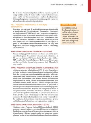 Anuário Brasileiro da Educação Básica 2013 133 
las de Ensino Fundamental podiam receber os recursos; a partir de 
2009, também escolas de Ensino Médio e Educação Infantil passa-ram 
a recebê-los. Tem como objetivos a melhora da infraestrutura 
física e pedagógica das escolas e o reforço da autogestão escolar nos 
planos financeiro, administrativo e didático. 
PISA – Programa internacional de avaliação 
de estudantes 
Programa internacional de avaliação comparada, desenvolvido 
e coordenado pela Organização para Cooperação e Desenvolvi-mento 
Econômico (OCDE) e aplicado a estudantes da faixa dos 15 
anos, idade em que se pressupõe o término da escolaridade básica 
obrigatória na maioria dos países; aplicado a cada três anos, des-de 
2000, em Leitura, Matemática e Ciências, a cada edição, com 
uma ênfase; cada país com a responsabilidade de participação na 
prova do Pisa de 80% dos estudantes da amostra. Em 2009, entre 
61 países, o Brasil ficou em 53a posição em Leitura e Ciências e 54a 
em Matemática. 
PNAE - Programa Nacional de Alimentação Escolar 
Criado em 1995, garante merenda aos alunos das escolas públi-cas 
e filantrópicas. Desde 2010, o valor repassado pela União é de 
R$ 0,30 por dia para a Pré-Escola, Ensino Fundamental e Médio e 
EJA; para Creche, Escolas Indígenas e Quilombolas, R$ 0,60; para 
escolas com Ensino Integral pelo programa Mais Educação, R$ 
0,90 por dia. 
PNATE – Programa Nacional de Apoio ao Transporte Escolar 
Criado em 2004, em substituição ao PNTE de 1993. Originalmen-te 
(Lei nº 10.880/04), para alunos do Ensino Fundamental público, 
hoje (Lei nº 11.947/09), para alunos da Educação Básica pública, re-sidentes 
em áreas rurais. Promove a transferência legal de recursos 
financeiros para despesas com reforma, seguros, licenciamento, 
impostos e taxas, pneus, câmaras, serviços de mecânica em freio, 
suspensão, câmbio, motor, elétrica e funilaria, recuperação de as-sentos, 
combustível e lubrificantes do veículo ou, no que couber, da 
embarcação utilizada para o transporte escolar; também pagamen-to 
de serviços contratados. Repasses em nove parcelas anuais, de 
março a novembro, calculadas com base no número de alunos da 
zona rural transportados informados no Censo Escolar do ano an-terior. 
Estados podem autorizar o repasse do valor correspondente 
aos alunos da rede estadual cujo transporte escolar é executado pe-las 
prefeituras diretamente aos respectivos municípios; o governo 
do Rio Grande do Sul autorizou esse repasse direto em 2007. 
PNBE – Programa Nacional Biblioteca da Escola 
Criado em 1997, o Programa Nacional Biblioteca da Escola (PNBE), 
promove o acesso à cultura e o incentivo à leitura por meio da distri-buição 
de acervos de obras de literatura, de pesquisa e de referência. 
O atendimento é feito em anos alternados: em um ano são contem-pladas 
as escolas de Educação Infantil, de Ensino Fundamental (Anos 
O Brasil no Pisa 
Entre 2000 e 2009, o 
Brasil evoluiu 33 pontos 
no Pisa, atingindo 401 
pontos na média de 
Leitura, Matemática e 
Ciências, mas ainda está 
atrás de outros países 
latino-americanos. 
 