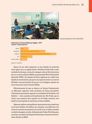 Matrículas no Ensino Médio por Região – 2011 
Segundo a região geográfica 
754.617 
Norte 
Nordeste 
Sudeste 
Sul 
Centro-Oeste 
Anuário Brasileiro da Educação Básica 2013 35 
Apesar de um salto expressivo na taxa líquida de matrícula 
entre 1995 e 2011, as regiões Norte e Nordeste ainda estão a meio 
caminho de alcançar a meta de conseguir colocar 85% dos jovens 
de 15 a 17 anos no Ensino Médio, proposta pelo Plano Nacional de 
Educação (PNE). Os estados do Norte registram em média taxa 
líquida de matrícula de 43% para essa etapa de ensino; no caso do 
Nordeste, esse percentual é de 44,4%. E, em Alagoas, apenas um 
terço dos jovens está no Ensino Médio. 
Diferentemente do que se observa no Ensino Fundamental, 
as diferenças regionais estão presentes de forma perceptível: 
16,6 pontos percentuais separam os resultados do Nordeste e do 
Sudeste — estes, puxados principalmente por São Paulo, que se 
coloca num patamar bem superior ao da média nacional, com 
65,8% de taxa líquida de matrícula no Ensino Médio. 
Algumas regiões metropolitanas apresentam taxas superiores 
às de seus Estados. Em Belém, por exemplo, essa diferença é de 
mais de 10 pontos percentuais, de acordo com os dados reunidos 
na tabela da página ao lado, elaborada pelo Todos Pela Educação, 
com base nos dados da Pesquisa Nacional por Amostra de Domi-cílios 
(Pnad), do IBGE. 
2.401.382 
3.479.392 
1.137.262 
628.036 
Fonte: MEC/Inep/DEED. 
Escola Estadual de Porto Velho (RO) 
 