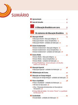 Apresentação .......................................................................... 4 
Guia de Consulta .................................................................... 5 
A Educação Brasileira em 2012 7 
Os números da Educação Brasileira 13 
Educação Infantil .................................................................... 14 
w Educação Infantil – Educação Indígena 18 
w Educação Infantil – áreas de Quilombos 19 
w Educação Infantil – unidades da federação 20 
Ensino Fundamental ............................................................. 22 
w Ensino Fundamental – Educação Indígena 26 
w Ensino Fundamental – áreas de Quilombos 27 
w Ensino Fundamental – unidades da federação 28 
Ensino Médio ........................................................................... 30 
w Ensino Médio – Educação Indígena 33 
w Ensino Médio – áreas de Quilombos 33 
w Ensino Médio – unidades da federação 34 
w Artigo Priscila Cruz – Universalização: um desafio 
ainda a ser vencido 36 
Educação Especial .................................................................. 38 
w Educação Especial – unidades da federação 40 
Alfabetização até 8 anos ..................................................... 42 
Educação em Tempo Integral ............................................. 44 
w Educação em Tempo Integral – unidades da federação 46 
Fluxo e Qualidade .................................................................. 48 
w Fluxo e Qualidade – unidades da federação 54 
u De Olho na Qualidade 56 
u Pisa – Programa Internacional de Avaliação de 
Estudantes 58 
w Artigo Célio da Cunha – Os muitos “Brasis” e a qualidade 
da Educação 60 
Escolaridade ............................................................................ 62 
w Escolaridade – unidades da federação 66 
Sumário 
 
