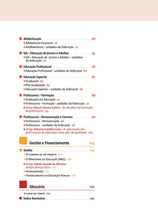 Alfabetização .......................................................................... 68 
w Alfabetismo Funcional 70 
w Analfabetismo – unidades da federação 72 
EJA – Educação de Jovens e Adultos ................................. 74 
w EJA – Educação de Jovens e Adultos – unidades 
da federação 76 
Educação Profissional ........................................................... 78 
w Educação Profissional – unidades da federação 80 
Educação Superior ................................................................. 82 
w Graduação 84 
w Pós-Graduação 85 
w Educação Superior – unidades da federação 86 
Professores – Formação ....................................................... 88 
w Graduação em Educação 91 
w Professores – Formação – unidades da federação 92 
w Artigo Mozart Neves Ramos – Os desafios da formação 
de professores 94 
Professores – Remuneração e Carreira ............................ 96 
w Professores – Remuneração 96 
w Professores – unidades da federação 98 
w Artigo Roberto Franklin Leão – A valorização dos 
profissionais da educação como pilar da qualidade 100 
Gestão e Financiamento 103 
Gestão ............................................................................................ 104 
u O caminho de um projeto 106 
u O Ministério da Educação (MEC) 108 
w Artigo Cybele Amado de Oliveira – 
Gestão Democrática 110 
w Financiamento 112 
u Financiamento da Educação Pública 118 
Glossário 121 
u Linha do tempo 122 
Índice Remissivo ................................................................ 142 
 