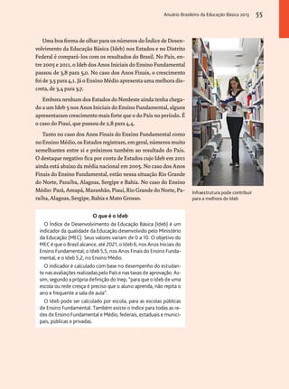 Anuário Brasileiro da Educação Básica 2013 55 
Uma boa forma de olhar para os números do Índice de Desen-volvimento 
da Educação Básica (Ideb) nos Estados e no Distrito 
Federal é compará-los com os resultados do Brasil. No País, en-tre 
2005 e 2011, o Ideb dos Anos Iniciais do Ensino Fundamental 
passou de 3,8 para 5,0. No caso dos Anos Finais, o crescimento 
foi de 3,5 para 4,1. Já o Ensino Médio apresenta uma melhora dis-creta, 
de 3,4 para 3,7. 
Embora nenhum dos Estados do Nordeste ainda tenha chega-do 
a um Ideb 5 nos Anos Iniciais do Ensino Fundamental, alguns 
apresentaram crescimento mais forte que o do País no período. É 
o caso do Piauí, que passou de 2,8 para 4,4. 
Tanto no caso dos Anos Finais do Ensino Fundamental como 
no Ensino Médio, os Estados registram, em geral, números muito 
semelhantes entre si e próximos também ao resultado do País. 
O destaque negativo fica por conta de Estados cujo Ideb em 2011 
ainda está abaixo da média nacional em 2005. No caso dos Anos 
Finais do Ensino Fundamental, estão nessa situação Rio Grande 
do Norte, Paraíba, Alagoas, Sergipe e Bahia. No caso do Ensino 
Médio: Pará, Amapá, Maranhão, Piauí, Rio Grande do Norte, Pa-raíba, 
Alagoas, Sergipe, Bahia e Mato Grosso. 
O que é o Ideb 
O Índice de Desenvolvimento da Educação Básica (Ideb) é um 
indicador da qualidade da Educação desenvolvido pelo Ministério 
da Educação (MEC). Seus valores variam de 0 a 10. O objetivo do 
MEC é que o Brasil alcance, até 2021, o Ideb 6, nos Anos Iniciais do 
Ensino Fundamental; o Ideb 5,5, nos Anos Finais do Ensino Funda-mental, 
e o Ideb 5,2, no Ensino Médio. 
O indicador é calculado com base no desempenho do estudan-te 
nas avaliações realizadas pelo País e nas taxas de aprovação. As-sim, 
segundo a própria definição do Inep, “para que o Ideb de uma 
escola ou rede cresça é preciso que o aluno aprenda, não repita o 
ano e frequente a sala de aula”. 
O Ideb pode ser calculado por escola, para as escolas públicas 
de Ensino Fundamental. Também existe o índice para todas as re-des 
de Ensino Fundamental e Médio, federais, estaduais e munici-pais, 
públicas e privadas. 
Infraestrutura pode contribuir 
para a melhora do Ideb 
 