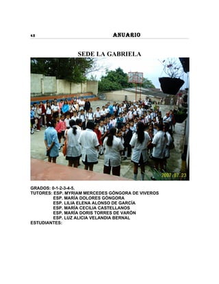 42                            ANUARIO


                 SEDE LA GABRIELA




GRADOS: 0-1-2-3-4-5.
TUTORES: ESP. MYRIAM MERCEDES GÓNGORA DE VIVEROS
         ESP. MARÍA DOLORES GÓNGORA
         ESP. LILIA ELENA ALONSO DE GARCÍA
         ESP. MARÍA CECILIA CASTELLANOS
         ESP. MARÍA DORIS TORRES DE VARÓN
         ESP. LUZ ALICIA VELANDIA BERNAL
ESTUDIANTES:
 