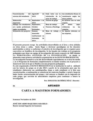 Caracterización     del   Agosto25      de   Cada tutor con la       Los estudiantes llenan el
entorno del estudiante    2010               orientación   de   la   cuestionario     según   los
                                             mesa de trabajo         datos pedidos.
Elaboración          de   Septiembre 1 de    Tutores de grupo        Se hicieron una en cada
improntas                 2010                                       carpeta.
Diálogo con estudiantes   Septiembre,        Mesa de trabajo         Se       deben        dejar
y/o ayuda profesional,    Octubre       y    Tutores y Psicóloga     evidencias       en      las
según necesidades         Noviembre                                  carpetas.
Evaluación del proyecto   Semana        de   Mesa de trabajo y       Se dejarán informes en
                          desarrollo         tutores                 las carpetas.
                          institucional en
                          diciembre     de
                          2010


El presente proyecto recoge las actividades desarrolladas en el área y otras aisladas
en otras áreas y aulas, hasta llegar a derrocar paradigmas en los docentes
motivándolos a entrar a conformar el colectivo de investigación que se requiere para
convertirse en Semillero de investigación. Se ha basado este trabajo en la propuesta
pedagógica que dejar un equipo de investigación del cuarto semestre de 2009 titulada
LA MARAVILLOSA AVENTURA DE LA INVESTIGACIÓN, en donde se
planteaba como primera actividad la organización de los BANCOS BIOGRÁFICOS.
La investigación formativa se ha ido desarrollando especialmente en el nivel de media
y en el Programa de formación complementaria en donde termina con el proyecto a
manera de tesis en la que se finaliza con una propuesta pedagógica.
Se está organizando el BANCO BIOGRÁFICO de la institución lo cual se adelantó
con los tutores de grupo en el año 2010 a partir de la orientación para que los
estudiantes elaboraran sus autobiografías, luego a cada estudiante se le hizo una
caracterización, a continuación se conocieron los contextos familiar y social y luego de
haber hecho caracterización del grupo y del entorno se finalizó con la impronta de
cada grupo, que servirán de antecedentes empíricos para continuar a futuro la
investigación.
                                          Por: ROSAURA RAMÍREZ DÍAZ –Docente-

54                                              ANUARIO

              CARTA A MAESTROS FORMADORES


Icononzo Noviembre de 2010

JOSÉ EDUARDO BAQUERO JARAMILO
Rector normal Superior de Icononzo
 