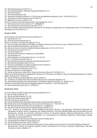 20 - Día Internacional por la Paz F2 y 3
21 - Día del Artista Plástico. (Sólo para Escuelas Artísticas) F2 o 3
21 - Día del Estudiante.
21 Día internacional de la Paz
23 - Nacimiento de Mariano Moreno (1.778). Día de las Bibliotecas Populares (Ley N° 419/1.870) F2 o 3
23 –Día Contra la Trata de Persona (Ley Nº 5767) F3
24 - Batalla de Tucumán (1.812) F2 y 3
22 al 26 - Semana de los Derechos del Niño y del Adolescente. F2 o 3
27 - Día Nacional del Turismo. (Decreto N° 1.988/86) F3
27 - Día Internacional de los Derechos del Niño. F2 o 3
29- Día de reflexión sobres los Derechos Humanos de los Niños/as y Adolecentes con discapacidad (Ley Nº 5716 Cámara de
Diputados de la Provincia) F2 o 3
Octubre 2015
02 de Octubre: Día internacional de la No Violencia F 3
05 - Día del Camino. F3
05 - Día Internacional del Docente. F3
06 al 10 - Semana de la Educación Especial. F2 y 3
07 - Día de la Virgen del Rosario de Río Blanco y Paypaya, Patrona de la Provincia de Jujuy. Feriado Provincial. F3
08 - Día del Personal Administrativo y de Servicio. F2 o 3
08 - Día de los Alumnos Jóvenes y Adultos Solidarios (Resolución 17-C.F.E.-07) F2 o 3
10 - Día Nacional de la Danza. F2 o 3
10 - Día del Preceptor. F3
10 – Día Nacional del Técnico Profesional. Ley 26.058 F1
11 - Día del Arrabio. F3
12 - Día del Respeto a la Diversidad Cultural. F1 o F2 o F3
13 al 17 - Semana de la Familia. F2 y 3
15 - Día Universal de la Danza. (Sólo para Escuelas de Danzas) F1
15 - Día Nacional del Bastón Blanco F2 o 3
17 - Cierre de actividades vinculadas a la Semana de la Familia F1
16 - Día Mundial de la Alimentación (FAO) F3
20 al 24 - Semana de la Educación Vial. F2 o 3
22- Día por el Derecho a la Identidad F1
24 - Día de las Naciones Unidas (ONU). Derechos Humanos (Decreto Nº 19.326) F2 o 3
26-Dia de la Recordación de la desaparición forzada por el Terrorismo de Estado en Jujuy del detenido-desaparecido “Avelino
Bazán”-Resolución N° 19-CD-LJ-F1
29 - Día de la Prefectura Naval Argentina. (Ley Nº 3.445) F3
29 - Fundación de la Base Aérea Vice-Comodoro Marambio en la Antártida Argentina. F3
30 - Día de la Recuperación de la Democracia en la República Argentina (Ley Prov. N° 5585) F2 o 3
30-Dia de la Educación Física para la República Argentina, Decreto N° 11077del 02/05/44
31 - Día Universal del Ahorro (Ley N° 21.963) F3
Noviembre 2015
01 al 30 - Mes de la Música (Sólo para Escuelas de Música) F2 o 3
01 - Día de Todos los Santos. F3
02 - Día de los Fieles Difuntos. F2 o F3
06 - Día de los Parques Nacionales. F3
04 al 08 - Semana de las Artes. F3
08 - Día del Empleado Municipal (Sólo para Escuelas y Guarderías Municipales) F1
08- Día Nacional de los Afroargentinos y de la cultura Afro Resolución n° 241- CFE F3
09 - Día Nacional del Donante Voluntario de Sangre (Dr. Luis Agote) F3
10 - Día de la Tradición. Nacimiento de José Hernández (1.834) F1 y 2
10 al 14 - Semana de la Educación Técnico Profesional (Escuelas Técnicas, y de Formación Profesional) Realización de
Olimpiadas de Dibujo Técnico y Exposición de Trabajos Prácticos y Técnicos (EXPOTEC-AGRO para las Escuelas Técnicas,
Alternancias, Centros de Formación Profesional, Centros de Educación Agrícola, Misiones Monotécnicas, Centro de
Educación No Formal y Escuelas Profesionales; con concentración de actividades expositivas institucionales, locales,
regionales y/o provinciales) F2 o 3
14 - Culminación de la Semana de la Educación Técnico Profesional F1
14 – Olimpiadas Provinciales de Dibujo Técnico. F2
15- Día de los Mártires de Yavi. (Ley Nº 5730) F2
15 - Día de la Educación Técnico Profesional (Escuelas Técnicas, Agrotécnicas, Centros de Formación Profesional: Misiones
Monotécnicas, Centros de Educación Agrícola, Centros de Educación No Formal y Escuelas Profesionales). Sólo para
Escuelas con esta modalidad, F1
15
 