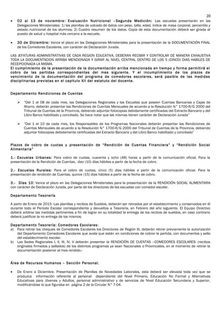 • 02 al 13 de noviembre: Evaluación Nutricional –Segunda Medición: Las escuelas presentarán en las
Delegaciones Ministeriales: 1) las planillas de volcado de datos con peso, talla, edad, índice de masa corporal, percentilo y
estado nutricional de los alumnos; 2) Cuadro resumen de los datos. Copia de esta documentación deberá ser girada al
puesto de salud u hospital más cercano a la escuela.
• 30 de Diciembre: Vence el plazo en las Delegaciones Ministeriales para la presentación de la DOCUMENTACIÓN FINAL
de los Comedores Escolares, con carácter de Declaración Jurada.
LAS JEFATURAS ADMINISTRATIVAS DE CADA REGION EDUCATIVA, DEBERAN RECIBIR Y CONTROLAR DE MANERA EXHAUSTIVA
TODA LA DOCUMENTACION ARRIBA MENCIONADA Y GIRAR AL NIVEL CENTRAL DENTRO DE LOS 5 (CINCO) DIAS HABILES DE
RECEPCIONADA LA MISMA.
El cumplimiento de la presentación de la documentación arriba mencionada en tiempo y forma permitirá el
cobro de las partidas correspondientes del mes siguiente. Y el incumplimiento de los plazos de
vencimiento de la documentación del programa de comedores escolares, será pasible de las medidas
disciplinarias previstas en el capitulo XII del estatuto del docente.
Departamento Rendiciones de Cuentas
 “Del 1 al 08 de cada mes, las Delegaciones Regionales y las Escuelas que poseen Cuentas Bancarias y Cajas de
Ahorro, deberán presentar las Rendiciones de Cuentas Mensuales de acuerdo a la Resolución N° 1700-R/G 2000 del
Tribunal de Cuentas de la Provincia, debiendo adjuntar fotocopias debidamente certificadas del Extracto Bancario y del
Libro Banco habilitado y conciliado. Se hace notar que las mismas tienen carácter de Declaración Jurada”
 “Del 1 al 10 de cada mes, los Responsables de los Programas Nacionales deberán presentar las Rendiciones de
Cuentas Mensuales de acuerdo a la Resolución N° 1700-R/G 2000 del Tribunal de Cuentas de la Provincia, debiendo
adjuntar fotocopias debidamente certificadas del Extracto Bancario y del Libro Banco habilitado y conciliado”
Plazos de cobro de cuotas y presentación de “Rendición de Cuentas Financiera” y “Rendición Social
Alimentaria”
1.- Escuelas Urbanas: Para cobro de cuotas, cuarenta y ocho (48) horas a partir de la comunicación oficial. Para la
presentación de la Rendición de Cuentas, diez (10) días hábiles a partir de la fecha de cobro.
2.- Escuelas Rurales: Para el cobro de cuotas, cinco (5) días hábiles a partir de la comunicación oficial. Para la
presentación de rendición de Cuentas, quince (15) días hábiles a partir de la fecha de cobro.
3.- Días 10: Vence el plazo en las Delegaciones Ministeriales para la presentación de la RENDICIÓN SOCIAL ALIMENTARIA
con carácter de Declaración Jurada, por parte de los directores de las escuelas con comedor escolar.
Departamento Tesorería
A partir de Enero de 2015: Las planillas y recibos de Sueldos, deberán ser retirados por el establecimiento y conservados en él
durante todo el Período Escolar correspondiente y devueltos a Tesorería, en Febrero del año siguiente. El Equipo Directivo
deberá arbitrar las medidas pertinentes a fin de lograr en su totalidad la entrega de los recibos de sueldos, en caso contrario
deberá justificar la no entrega de los mismos.
Departamento Tesorería: Comedores Escolares:
a) Para retirar los cheques de Comedores Escolares los Directores de Región III, deberán retirar previamente la autorización
del Departamento Comedores Escolares que avala que están en condiciones de cobrar la partida, con documentos y sello
del establecimiento escolar.
b) Las Sedes Regionales I, II, III, IV, V deberán presentar la RENDICIÓN DE CUENTAS –COMEDORES ESCOLARES- (recibos
originales firmados y sellados) de los distintos programas ya sean Nacionales o Provinciales, en el momento de retirar la
documentación posterior al mes rendido.-
Área de Recursos Humanos – Sección Personal.
• De Enero a Diciembre. Presentación de Planillas de Novedades Laborales, esta deberá ser elevada toda vez que se
produzca información referente al personal dependiente del Nivel Primario, Educación No Formal y Alternativas
Educativas para Jóvenes y Adultos, personal administrativo y de servicios de Nivel Educación Secundaria y Superior,
modificándose lo que figuraba en página 2 de la Circular N° 7-04.
20
 