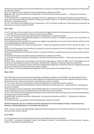 20-03 Área de Terminalidad Primaria Reunión Mensual con el Equipo de Conducción Regional de la Coordinación de Educación
para Jóvenes y Adultos
23 al 27 -03 Examen en las distintas Tutorías del Bachillerato a Distancia de CEPJA
23 al 23– 03 Jornada de Interacción y Socialización de los Servicios Educativos de CEPJA – “La Educación de Jóvenes y
Adultos va hacia vos”
27-03 Presentación en el Departamento de Registro de Títulos, Legalizaciones, Certificación de Estudios y Equivalencias de:
Actas de los exámenes finales de los jóvenes y adultos que cursaron el Nivel “C” en los CETP de ECPL y Educación en Contextos
de Encierro período lectivo 2015.
30 y 31 -03n Área de Terminalidad Primaria: Presentación a ATP de Planillas de Matricula y Actas Acuerdo- Coordinación de
Educación para Jóvenes y Adultos de CEPJA
Abril 2015
01 al 30- 04 Área de Terminalidad Primaria: Conformación del Legajo Personal de los Estudiantes que cursan los Niveles A.B y
C en los CETP. De la Coordinación de Educación para Jóvenes y Adultos.
1 al 07 -04 Solicitud de abonos del personal docente del Bachillerato a Distancia de CEPJA.
01 al 30-04 Jornadas de Actividades Articuladas con el Ministerio de Salud y el Programa Encuentro de la Coordinación de
Educación para Jóvenes y Adultos.
06 al 10-04 Presentación de listado de inscripciones, legajos y equivalencias de los alumnos de las distintas tutorías en sede
central del Bachillerato a Distancia de CEPJA.
13 al 30-04 Presentación 1er. Cuadro de Organización – Escuela de Capacitación Laboral Nº 615 y Escuela de Volcán – Co.
E.N.F.
20-04 y 21-04 Presentación de la Planillas de inscripción de alumnos asistentes al Centro de Capacitación Laboral y Cultural;
en el Área de Capacitación Laboral.
20-04 al 24-04 Educación en Contexto de Privación a la Liberad: Exámenes complementarios para los alumnos de los Centros
Educativos
20 al 24-04 Exámenes de las distintas tutorías de Bachillerato a Distancia de CEPJA
22 al 23 -03 Jornada de Interacción y Socialización de los Servicios Educativos de CEPJA – “La Educación de Jóvenes y Adultos
va hacia vos”
22-04 AL 30-04 “Semana de la Vacunación de las Américas” organizado por la OPS y la OMS. Ley Nº 5725 (Legislatura de la
Provincia de Jujuy) Realizar acciones de información, sensibilización y reflexión en todas las instituciones educativas.
24-04 Formación y actualización docente destinada a Responsables Regionales e Itinerantes de las cinco Regiones Educativas
de CTP de la Coordinación de Educación para Jóvenes y Adultos.
30-04 Reunión mensual de Responsables Regionales Centros Educativos de Terminalidad Primaria.
Mayo 2015
04 al 08-05 Solicitud de abonos del personal docente de Bachillerato a Distancia de CEPJA04 al 29 -05 Escuelas Primarias
Nocturnas: Relevamientos de alumnos con NEE integrados a Escuelas Nocturnas Para Jóvenes y Adultos de toda la Provincia.
Presentación de Formularios en Supervisión de Educación para Jóvenes y Adultos.
04 - 05 Primera Reunión de Responsables y Referentes Regionales de Capacitación Laboral y Cultural
15 -05 Jornada Interinstitucional Capacitación docente de Escuelas Primarias Nocturnas – método Científico y estrategias de
Educación de Adultos
15-05 Capacitación docente destinada a Responsables Regionales e itinerantes Centros Educativos Terminalidad Primaria de
todas las regiones educativas de la Coordinación de Educación para Jóvenes y Adultos.
17 al 27 -05 remisión de datos estadísticos a Ministerio de Educación de la Nación del Programa Encuentro de la Coordinación
de Educación para Jóvenes y Adultos
21 al 22–05 Jornada de Interacción y Socialización de los Servicios Educativos de CEPJA – “La Educación de Jóvenes y
Adultos va hacia vos”
26 al 29-05 Examen en las distintas Tutorías del Bachillerato a Distancia de CEPJA
29-05 Finalización del 1er Trimestre (Centros Educativos de Terminalidad Primaria -Coordinación de
Jóvenes y Adultos-Educación en Contextos de Encierro)
29-05 Reunión mensual de Responsables Regionales Centros Educativos de Terminalidad Primaria de la Coordinación de
Educación para Jóvenes y Adultos.
Junio 2015
01 al 05-06 Solicitud de abonos del personal docente del Bachillerato a Distancia de CEPJA.
01 al 30-06 Jornadas de Articulación Social del Programa Encuentro de la Coordinación de Educación para jóvenes y
Adultos Y el Ministerio de Desarrollo Social.
42
 
