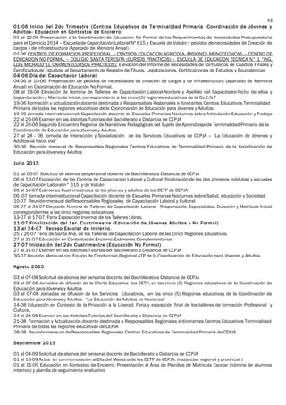 01-06 Inicio del 2do Trimestre (Centros Educativos de Terminalidad Primaria -Coordinación de Jóvenes y
Adultos- Educación en Contextos de Encierro)
01 al 12-06 Presentación a la Coordinación de Educación No Formal de los Requerimientos de Necesidades Presupuestaria
para el Ejercicio 2014 – Escuela de Capacitación Laboral Nº 615 y Escuela de Volcán y pedidos de necesidades de Creación de
cargos y de infraestructura (Apartado de Memoria Anual).
01-06 CENTROS DE FORMACION PROFESIONAL – CENTROS EDUCACION AGRICOLA- MISIONES MONOTECNICAS – CENTRO DE
EDUCACION NO FORMAL – COLEGIO SANTA TERESITA (CURSOS PRACTICOS) – ESCUELA DE EDUCACION TECNICA N° 1 “ING.
LUIS MICHAUD”EL CARMEN (CURSOS PRACTICOS): Elevación del Informe de Necesidades de formularios de Cuadros Finales y
Certificados de Estudios, al Departamento de Registro de Títulos. Legalizaciones, Certificaciones de Estudios y Equivalencias
04-06 Día del Capacitador Laboral.
04-06 al 10-06. Presentación de pedidos de necesidades de creación de cargos y de infraestructura (apartado de Memoria
Anual) en Coordinación de Educación No Formal.
08 al 19-06 Elevación de Nomina de Talleres de Capacitación Laboral-Nombre y Apellido del Capacitador-fecha de altas y
bajas-duración y Matricula Inicial, correspondiente a las cinco (5) regiones educativas de la Co.E.N.F
19-06 Formación y actualización docente destinada a Responsables Regionales e itinerantes Centros Educativos Terminalidad
Primaria de todas las regiones educativas de la Coordinación de Educación para Jóvenes y Adultos.
19-06 Jornada interinstitucional: Capacitación docente de Escuelas Primarias Nocturnas sobre Articulación Educación y Trabajo
22 al 26-06 Examen en las distintas Tutorías del Bachillerato a Distancia de CEPJA
22 al 26-06 Segundo Encuentro Regional de Narrativas Pedagógicas del Sujeto de Aprendizaje de Terminalidad Primaria de la
Coordinación de Educación para Jóvenes y Adultos.
27 al 28 - 06 Jornada de Interacción y Socialización de los Servicios Educativos de CEPJA – “La Educación de Jóvenes y
Adultos va hacia vos”
30-06 Reunión mensual de Responsables Regionales Centros Educativos de Terminalidad Primaria de la Coordinación de
Educación para Jóvenes y Adultos
Julio 2015
01 al 06-07 Solicitud de abonos del personal docente de Bachillerato a Distancia de CEPJA
06 al 10-07 Exposición de los Centros de Capacitación Laboral y Cultural (finalización de los dos primeros módulos) y escuelas
de Capacitación Laboral n° 615 y de Volcán
06 al 10-07 Exámenes Cuatrimestrales de los jóvenes y adultos de los CETP de CEPJA
06 -07 Jornada Interinstitucional Capacitación docente de Escuelas Primarias Nocturnas sobre Salud, educación y Sociedad.
10-07 Reunión mensual de Responsables Regionales de Capacitación Laboral y Cultural
06-07 al 31-07 Elevación Nómina de Talleres de Capacitación Laboral - Responsable, Especialidad, Duración y Matrícula Inicial
correspondientes a las cinco regiones educativas.
13-07 al 17-07 Feria Exposición Invernal de los Talleres Libres.
11-07 Finalización del 1er. Cuatrimestre (Educación de Jóvenes Adultos y No Formal)
13 al 24-07 Receso Escolar de invierno.
25 y 26-07 Feria de Santa Ana, de los Talleres de Capacitación Laboral de las Cinco Regiones Educativas.
27 al 31-07 Educación en Contextos de Encierro: Exámenes Complementarios
27-07 Iniciación del 2do Cuatrimestre (Educación No Formal)
27 al 31-07 Examen en las distintas Tutorías del Bachillerato a Distancia de CEPJA
30-07 Reunión Mensual con Equipo de Conducción Regional ATP de la Coordinación de Educación para Jóvenes y Adultos.
Agosto 2015
03 al 07-08 Solicitud de abonos del personal docente del Bachillerato a Distancia de CEPJA
03 al 07-08 Jornadas de difusión de la Oferta Educativa los CETP, en las cinco (5) Regiones educativas de la Coordinación de
Educación para Jóvenes y Adultos
03 al 07-08 Jornadas de difusión de los Servicios Educativos, en las cinco (5) Regiones educativas de la Coordinación de
Educación para Jóvenes y Adultos - “La Educación de Adultos va hacia vos”
14-08 Educación en Contexto de la Privación a la Liberad: Feria y exposición final de los talleres de formación Profesional y
Cultural.
24 al 28-08 Examen en las distintas Tutorías del Bachillerato a Distancia de CEPJA
21-08 Formación y Actualización docente destinada a Responsables Regionales e itinerantes Centros Educativos Terminalidad
Primaria de todas las regiones educativas de CEPJA
28-08 Reunión mensual de Responsables Regionales Centros Educativos de Terminalidad Primaria de CEPJA.
Septiembre 2015
01 al 04-09 Solicitud de abonos del personal docente de Bachillerato a Distancia de CEPJA
01 al 10-09 Actos en conmemoración al Día del Maestro de los CETP de CEPJA. (instancias regional y provincial )
01 al 11-09 Educación en Contextos de Encierro: Presentación al Área de Planillas de Matricula Escolar (nómina de alumnos
internos) y planilla de seguimiento evaluativo
43
 
