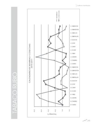 65
Cultivos Transitorios
TABACORUBIO
0,0
5,0
10,0
15,0
20,0
25,0
ENERO-10
FEBRERO-10
MARZO-10
ABRIL-10
MAYO-10
JUNIO-10
JULIO-10
AGOSTO-10
SEPTIEMBRE-10
OCTUBRE-10
NOVIEMBRE-10
DICIEMBRE-10
ENERO-11
FEBRERO-11
MARZO-11
ABRIL-11
MAYO-11
JUNIO-11
JULIO-11
AGOSTO-11
SEPTIEMBRE-11
OCTUBRE-11
NOVIEMBRE-11
DICIEMBRE-11
Porcentaje%
CALENDARIODESIEMBRASYCOSECHAS
2010-2011
SIEMBRAS
COSECHAS
 