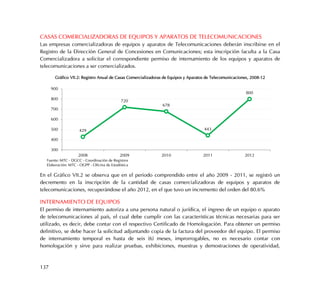 137
CASAS COMERCIALIZADORAS DE EQUIPOS Y APARATOS DE TELECOMUNICACIONES
Las empresas comercializadoras de equipos y aparatos de Telecomunicaciones deberán inscribirse en el
Registro de la Dirección General de Concesiones en Comunicaciones; esta inscripción faculta a la Casa
Comercializadora a solicitar el correspondiente permiso de internamiento de los equipos y aparatos de
telecomunicaciones a ser comercializados.
Gráfico VII.2: Registro Anual de Casas Comercializadoras de Equipos y Aparatos de Telecomunicaciones, 2008-12
En el Gráfico VII.2 se observa que en el periodo comprendido entre el año 2009 - 2011, se registró un
decremento en la inscripción de la cantidad de casas comercializadoras de equipos y aparatos de
telecomunicaciones, recuperándose el año 2012, en el que tuvo un incremento del orden del 80.6%
INTERNAMIENTO DE EQUIPOS
El permiso de internamiento autoriza a una persona natural o jurídica, el ingreso de un equipo o aparato
de telecomunicaciones al país, el cual debe cumplir con las características técnicas necesarias para ser
utilizado, es decir, debe contar con el respectivo Certificado de Homologación. Para obtener un permiso
definitivo, se debe hacer la solicitud adjuntando copia de la factura del proveedor del equipo. El permiso
de internamiento temporal es hasta de seis (6) meses, improrrogables, no es necesario contar con
homologación y sirve para realizar pruebas, exhibiciones, muestras y demostraciones de operatividad,
429
720
678
443
800
300
400
500
600
700
800
900
2008 2009 2010 2011 2012
Fuente: MTC - DGCC - Coordinación de Registros
Elaboración: MTC - OGPP - Oficina de Estadística
 