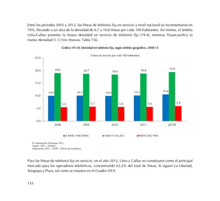155
Entre los periodos 2003 y 2012, las líneas de telefonía fija en servicio a nivel nacional se incrementaron en
74%, llevando a un alza de la densidad de 6.7 a 10.6 líneas por cada 100 habitantes. Así mismo, el ámbito
Lima-Callao presenta la mayor densidad en servicio de telefonía fija (19.4), mientras Huancavelica la
menor densidad (1.1) (Ver Anexos: Tabla 7.6).
Gráfico VII.18: Densidad en telefonía fija, según ámbito geográfico, 2008-12
Para las líneas de telefonía fija en servicio, en el año 2012, Lima y Callao se constituyen como el principal
mercado para los operadores telefónicos, concentrando 63.2% del total de líneas, le siguen La Libertad,
Arequipa y Piura, tal como se muestra en el Cuadro VII.9.
10.0 10.1 10.0 10.2 10.6
19.0 18.7 18.4 18.8
19.4
5.5 5.7 5.6 5.6 5.9
0.0
5.0
10.0
15.0
20.0
25.0
2008 2009 2010 2011 2012P
A NIVEL NACIONAL LIMA Y CALLAO RESTO DEL PAÍS
P/. Información Preliminar 2012
Fuente: MTC - DGRAIC
Elaboración: MTC - OGPP - Oficina de Estadística
(Líneas en servicio por cada 100 habitantes)
 
