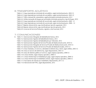 MTC . OGPP . Oficina de Estadística - 174
6. TRANSPORTE ACUÁTICO
Tabla 6.1: Carga exportada por terminales de uso público, según terminal portuario, 2003-12
Tabla 6.2: Carga importada por terminales de uso público, según terminal portuario, 2003-12
Tabla 6.3: Tráfico mensual de contenedores, según principales terminales portuarios, 2012
Tabla 6.4: Arribos mensuales de buques por principales terminales portuarios y tipo de buque, 2012
Tabla 6.5: Carga exportada por terminales de uso privado, según terminal portuario, 2008 - 12
Tabla 6.6: Carga importada por terminales de uso privado, según terminal portuario, 2008 – 12
Tabla 6.7: Reporte referencial de carga movilizada por tipo de cargamento, 2012
Tabla 6.8: Reporte referencial de carga movilizada por tipo de operación, 2012
Tabla 6.9: Licencias de Servicios Portuarios, vigentes a nivel nacional, 2012
7. COMUNICACIONES
8. Tabla 7.1: Autorizaciones Otorgadas de Radiodifusión Sonora, 2012
Tabla 7.2: Autorizaciones Vigentes de Radiodifusión Sonora, 2012
Tabla 7.3: Autorizaciones Vigentes de Radiodifusión por Televisión, 2012
Tabla 7.4: Autorizaciones Vigentes de Servicios Privados de Radiocomunicación, 2010-12
Tabla 7.5: Autorizaciones Otorgadas de Servicios Privados de Radiocomunicación, 2010-12
Tabla 7.6: Autorizaciones Vigentes de Servicios Privados de Radioaficionados, 2010-12
Tabla 7.7: Líneas instaladas, en servicio y densidad en telefonía fija y móvil, según ámbito, 2003-12
Tabla 7.8: Líneas en servicio de telefonía fija, según departamento, 2003-12
Tabla 7.9: Líneas de telefonía pública en servicio, según empresa operadora, 2008-12
Tabla 7.10: Líneas móviles, según empresa operadora, 2008-12
Tabla 7.11: Líneas móviles bajo la modalidad pre pago, según empresa operadora, 2008-12
Tabla 7.12: Líneas móviles bajo la modalidad contrato, según empresa operadora, 2008-12
Tabla 7.13: Suscriptores de internet por modalidad y departamento, 2011-12
Tabla 7.14: Intervención del FITEL, según departamento, 2012
 