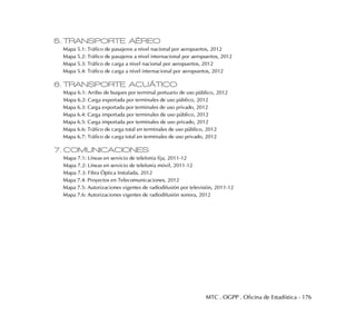 MTC . OGPP . Oficina de Estadística - 176
5. TRANSPORTE AÉREO
Mapa 5.1: Tráfico de pasajeros a nivel nacional por aeropuertos, 2012
Mapa 5.2: Tráfico de pasajeros a nivel internacional por aeropuertos, 2012
Mapa 5.3: Tráfico de carga a nivel nacional por aeropuertos, 2012
Mapa 5.4: Tráfico de carga a nivel internacional por aeropuertos, 2012
6. TRANSPORTE ACUÁTICO
Mapa 6.1: Arribo de buques por terminal portuario de uso público, 2012
Mapa 6.2: Carga exportada por terminales de uso público, 2012
Mapa 6.3: Carga exportada por terminales de uso privado, 2012
Mapa 6.4: Carga importada por terminales de uso público, 2012
Mapa 6.5: Carga importada por terminales de uso privado, 2012
Mapa 6.6: Tráfico de carga total en terminales de uso público, 2012
Mapa 6.7: Tráfico de carga total en terminales de uso privado, 2012
7. COMUNICACIONES
Mapa 7.1: Líneas en servicio de telefonía fija, 2011-12
Mapa 7.2: Líneas en servicio de telefonía móvil, 2011-12
Mapa 7.3: Fibra Óptica Instalada, 2012
Mapa 7.4: Proyectos en Telecomunicaciones, 2012
Mapa 7.5: Autorizaciones vigentes de radiodifusión por televisión, 2011-12
Mapa 7.6: Autorizaciones vigentes de radiodifusión sonora, 2012
 