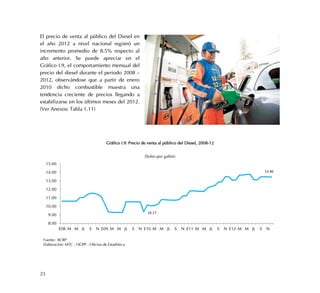 23
El precio de venta al público del Diesel en
el año 2012 a nivel nacional registró un
incremento promedio de 8.5% respecto al
año anterior. Se puede apreciar en el
Gráfico I.9, el comportamiento mensual del
precio del diesel durante el periodo 2008 –
2012, observándose que a partir de enero
2010 dicho combustible muestra una
tendencia creciente de precios llegando a
estabilizarse en los últimos meses del 2012.
(Ver Anexos: Tabla 1.11)
Gráfico I.9: Precio de venta al público del Diesel, 2008-12
8.00
9.00
10.00
11.00
12.00
13.00
14.00
15.00
E08 M M JL S N E09 M M JL S N E10 M M JL S N E11 M M JL S N E12 M M JL S N
(Soles por galón)
Fuente: BCRP
Elaboración: MTC - OGPP - Oficina de Estadística
13.46
10.17
 