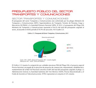 25
PRESUPUESTO PÚBLICO DEL SECTOR
TRANSPORTES Y COMUNICACIONES
SECTOR TRANSPORTES Y COMUNICACIONES
El presupuesto del sector Transportes y Comunicaciones está conformado por los pliegos Ministerio de
Transportes y Comunicaciones (MTC), Superintendencia de Transporte Terrestre de Personas, Carga y
Mercancías (SUTRAN) y la Autoridad Portuaria Nacional (APN). El 2012, el presupuesto del Pliego 036
Ministerio de Transportes y Comunicaciones representó el 96.2% del total del presupuesto asignado al
sector, alcanzando en dicho periodo el 95.9% de ejecución, (Ver Cuadro I.2).
Gráfico I.11: Presupuesto del Sector Transportes y Comunicaciones, 2012
El Gráfico I.12 muestra la composición por unidades ejecutoras PIM del Pliego 036; el proyecto especial
Provías Nacional, encargado de la ejecución de proyectos de construcción, mejoramiento, rehabilitación y
mantenimiento de la Red Vial Nacional concentra el 68% del total del presupuesto asignado al pliego. La
Administración General, la Autoridad Autónoma del Tren Eléctrico (AATE), Provías Descentralizado y el
Fondo de Inversión en Telecomunicaciones (FITEL) representan en conjunto el 32% restante.
96.2%
0.5%
3.3%
(Estructura porcentual)
MTC
SUTRAN
APN
Fuente: MTC - OGPP - Oficina de Presupuesto, MEF - Consulta amigable
Elaboración: MTC - OGPP - Oficina de Estadística
 