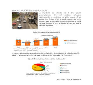 MTC . OGPP . Oficina de Estadística - 86
IMPORTACIÓN DE VEHÍCULOS
La importacion de vehículos en el 2012 alcanzó
aproximadamente 216 mil unidades vehiculares,
experimentando un crecimiento de 29%, respecto al año
anterior. (Ver Gráfico III.16). Se puede apreciar que en los
últimos 4 años la importacion de vehículos nuevos ha venido
creciendo llegando el 2012 a significar el 94% del total de
vehículos importados.
Gráfico III.16: Importación de vehículos, 2008-12
En cuanto a la importación por tipo de vehículo, en el año 2012 destaca los tipos de vehículos Autos/ST.
Wagon y Camionetas con el 47% y 41% del total de vehículos importados. (Ver Gráfico III.17).
Gráfico III.17: Importación de vehículos, según tipo de vehículo, 2012
145,401
105,001
154,719 167,569
215,917
2008 2009 2010 2011 2012
(Unidades vehiculares)
Vehículos importados
% Vehículos nuevos
Fuente: Asociación Automotriz del Perú S.A., Revista Automás
Elaboración: MTC - OGPP - Oficina de Estadística
69%
64%
80%
92%
94%
47%
41%
8%
2%
2%
Autos y ST.Wagon
Camionetas
Camiones
Buses y Chasis
TractocamionesFuente: Asociación Automotriz del Perú S.A., Revista Automás
Elaboración: MTC - OGPP - Oficina de Estadística
(Estructura Porcentual)
 