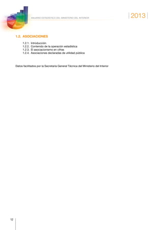 2013
12
ANUARIO ESTADÍSTICO DEL MINISTERIO DEL INTERIOR
1.2. ASOCIACIONES
	 1.2.1.	Introducción
	 1.2.2.	 Contenido de la operación estadística
	 1.2.3.	 El asociacionismo en cifras
	 1.2.4.	 Asociaciones declaradas de utilidad pública
Datos facilitados por la Secretaría General Técnica del Ministerio del Interior
 