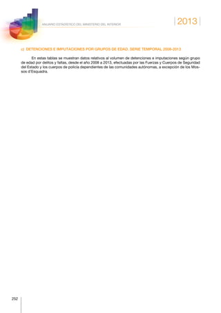 2013
252
ANUARIO ESTADÍSTICO DEL MINISTERIO DEL INTERIOR
c)  DETENCIONES E IMPUTACIONES POR GRUPOS DE EDAD. SERIE TEMPORAL 2008-2013
En estas tablas se muestran datos relativos al volumen de detenciones e imputaciones según grupo
de edad por delitos y faltas, desde el año 2008 a 2013, efectuadas por las Fuerzas y Cuerpos de Seguridad
del Estado y los cuerpos de policía dependientes de las comunidades autónomas, a excepción de los Mos-
sos d’Esquadra.
 