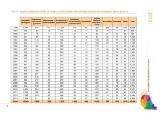2013
27
EJERCICIODEDERECHOSFUNDAMENTALES
TABLA 9.	ASOCIACIONES EN ACTIVO, DE TODAS LAS SECCIONES, POR GRANDES GRUPOS DE ACTIVIDAD Y FECHA DE ALTA
Culturales e
ideológicas
Deportivas,
recreativas
y jóvenes
Deficiencias y
enfermedades
Económicas y
profesionales
Familiares,
consumidores
y tercera edad
Femeninas
Acción
sanitaria,
educativa y
social
Educativas Vecinales Varias Total
 1991 3.194 519 191 1.221 170 65 382 205 48 643 6.638
1991 456 81 19 154 19 17 55 19 6 81 907
1992 371 76 7 117 21 7 59 21 12 59 750
1993 531 97 19 145 35 18 82 22 13 76 1.038
1994 589 143 23 168 42 9 103 23 17 82 1.199
1995 610 113 40 161 31 24 100 23 17 79 1.198
1996 842 162 29 208 38 17 170 41 13 80 1.600
1997 667 134 23 163 41 11 172 32 18 48 1.309
1998 572 150 18 266 44 19 197 33 14 37 1.350
1999 568 124 33 313 41 16 195 33 16 23 1.362
2000 579 176 35 313 44 19 198 30 14 13 1.421
2001 545 160 46 325 50 22 227 31 24 21 1.451
2002 451 168 36 234 56 24 192 17 15 23 1.216
2003 503 162 40 312 43 19 223 22 23 26 1.373
2004 478 160 36 293 48 22 229 19 19 32 1.336
2005 846 284 60 371 86 37 359 51 24 20 2.138
2006 703 243 47 293 69 26 368 21 34 74 1.878
2007 603 210 29 267 46 39 367 18 28 39 1.646
2008 769 266 67 298 40 40 385 16 18 16 1.915
2009 919 270 49 360 68 52 472 32 28 26 2.276
2010 1.024 234 39 489 44 59 512 25 30 51 2.507
2011 1.034 302 45 430 62 45 459 22 38 41 2.478
2012 1.096 293 62 496 55 45 374 19 53 43 2.536
2013 1.409 311 69 578 90 37 365 14 47 43 2.963
Total 19.359 4.838 1.062 7.975 1.283 689 6.245 789 569 1.676 44.485
 