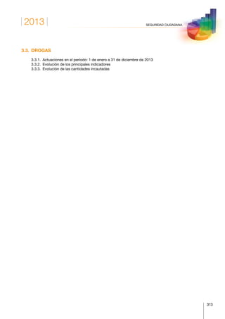 2013
313
SEGURIDAD CIUDADANA
3.3. DROGAS
	 3.3.1.	 Actuaciones en el período: 1 de enero a 31 de diciembre de 2013
	 3.3.2.	 Evolución de los principales indicadores
	 3.3.3.	 Evolución de las cantidades incautadas
 
