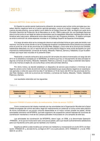 2013
353
SEGURIDAD CIUDADANA
Operación ANTITOX. Orden de Servicio 3/2013
En España ha venido siendo tradicional la utilización de venenos para luchar contra animales que cau-
saban efectos negativos tanto en el sector agrícola-ganadero, como en el sector cinegético. Como conse-
cuencia de esta práctica, que se tipificó como delito en el Código Penal del 1995, se diseñó por parte de la
Comisión Nacional de Protección de la Naturaleza en el año 1999 la ejecución de una Estrategia Nacional
para la lucha contra el uso ilegal de cebos envenenados que ha respaldado diferentes medidas para tratar de
erradicar esta mala praxis, destacando entre ellas la ejecución del «Programa Antídoto». El objetivo principal
es evitar la extinción de varias especies incluidas en el Catálogo Español de Especies Amenazadas.
A lo largo de estos años se ha conseguido disminuir esta actividad ilícita en gran parte del ámbito rural
nacional. Una de las zonas donde no se ha conseguido erradicar completamente dicha práctica es la situada
entre el punto de unión de las provincias de Ciudad Real, Badajoz y zona norte de la provincia de Córdoba,
habiéndose detectado a su vez un repunte del uso de esta práctica ilegal en otras zonas de España con gran
importancia medioambiental: comarcas de Huelva, Albacete, Palencia, Zamora y Valladolid, lo que ha deter-
minado que hayan sido incluidas en la presente Orden.
Realizando un estudio exhaustivo de la evolución del empleo de cebos envenenados a lo largo del año
2012 en la estadística manejada por el SEPRONA, se observa que hay un resurgimiento de esta actividad en
algunas comarcas de Huelva, Albacete, Valladolid, Palencia y Zamora, lo que obliga a extender esta Opera-
ción a las mismas al objeto de una lucha eficaz contra esta actividad delictiva.
Por dicho motivo, se decidió establecer un dispositivo de servicio para erradicar o minimizar el uso
ilegal de veneno como medio de extinción de fauna depredadora que cause efectos negativos en explotacio-
nes agrícolas o cotos de caza entre los días 21 de febrero al 19 de marzo del 2013 en las provincias de Ciu-
dad Real, Badajoz, norte de la provincia de Córdoba y comarcas de Huelva, Albacete, Toledo, Valladolid,
Palencia y Zamora.
Los resultados obtenidos son los siguientes:
TABLA 10
Establecimientos
inspeccionados
Vehículos
inspeccionados
Personas identificadas
Animales o restos,
hallados muertos
20 44 77 10
Operación PANGEA VI sobre el tráfico de medicamentos. Orden de servicio 15/2013
Como consecuencia del interés mostrado por las autoridades de la Organización Mundial de la Salud
(OMS) encargadas del control del tráfico ilegal de medicamentos en potenciar la lucha contra esta práctica
de forma coordinada en una acción conjunta desarrollada en el mayor número posible de países, dichas
autoridades solicitaron de INTERPOL que este organismo de cooperación policial realizase las funciones de
coordinación necesarias a nivel de los cuerpos policiales involucrados en una campaña de este tipo.
Las actividades de coordinación de INTERPOL dieron lugar, en 2008, a la denominada Operación
«PANGEA», en la que se involucraron solo unos pocos países, pero que resultó suficientemente satisfactoria
para sus impulsores como para que se repitiese una iniciativa.
España se adhirió a esta iniciativa por primera vez mediante su incorporación en el año 2010 a la Ope-
ración «PANGEA III» y, de esta forma, se llegó en 2011 a la cuarta edición, 2012 «PANGEA V». y la de «PAN-
GEA VI» en 2013.
 
